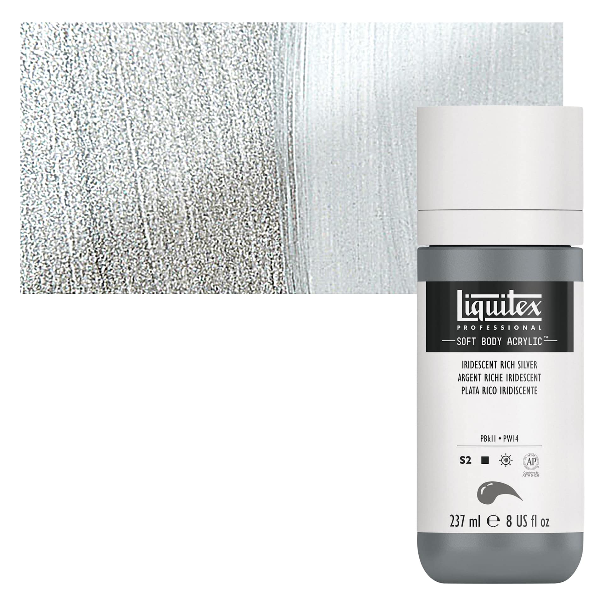 Liquitex Soft Body Artist Acrylic - Iridescent Rich Silver, 237 ml bottle and swatch
