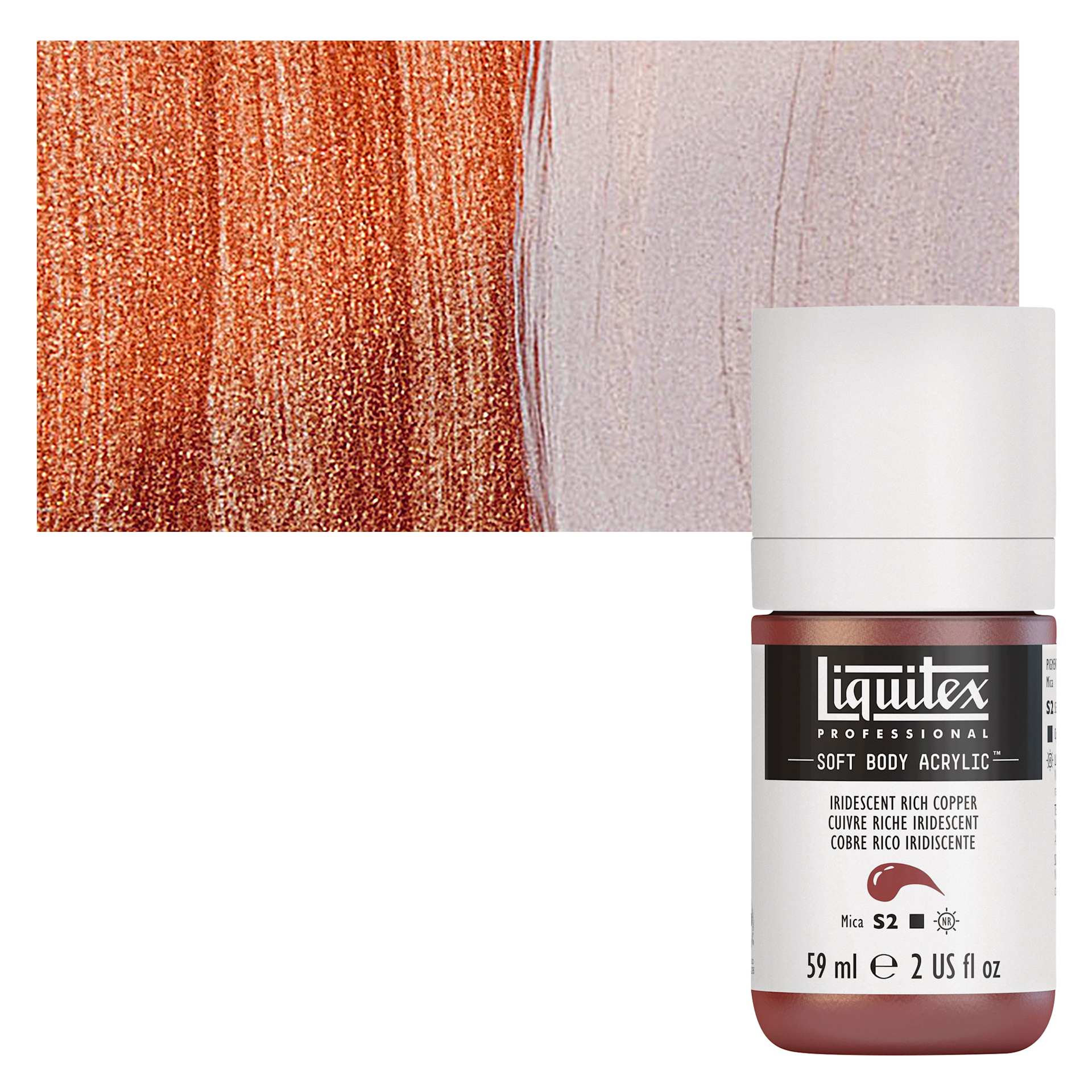 Liquitex Soft Body Artist Acrylic - Iridescent Rich Copper, 59 ml bottle and swatch