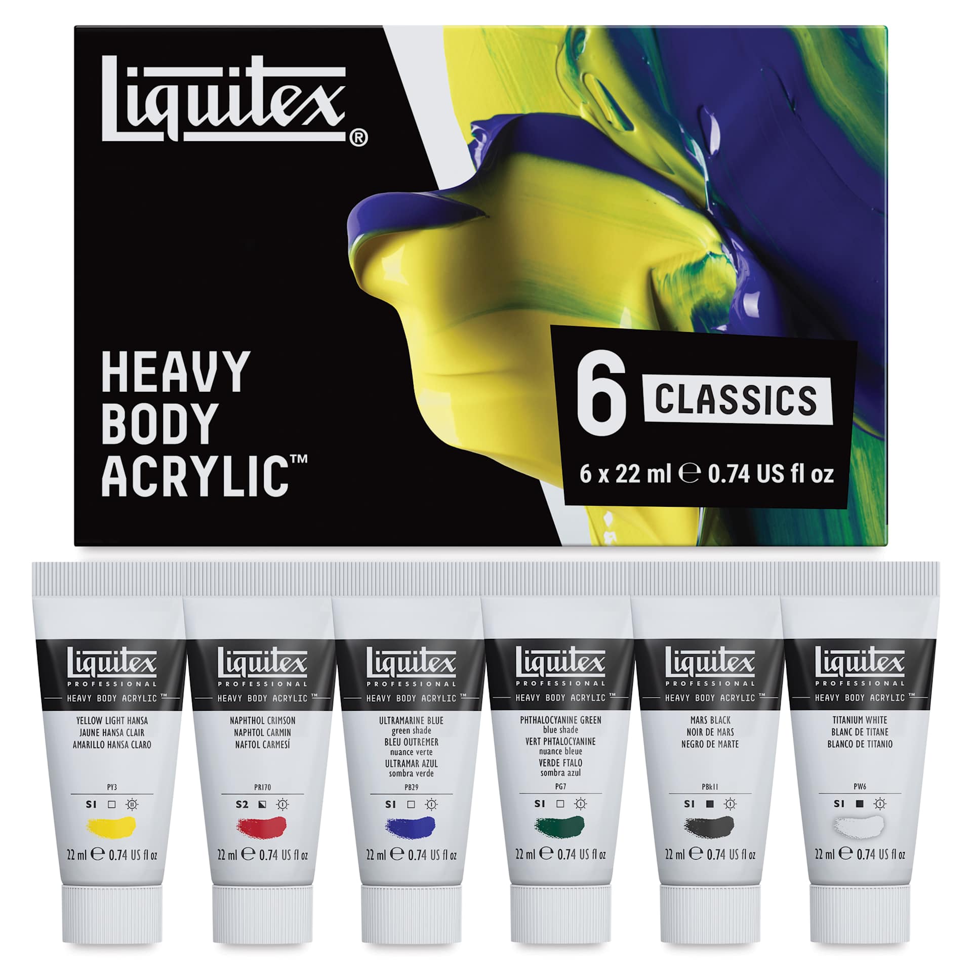 Liquitex Professional Heavy Body Acrylics - Set of 6, Classic Colors, 22 ml, set contents and packaging