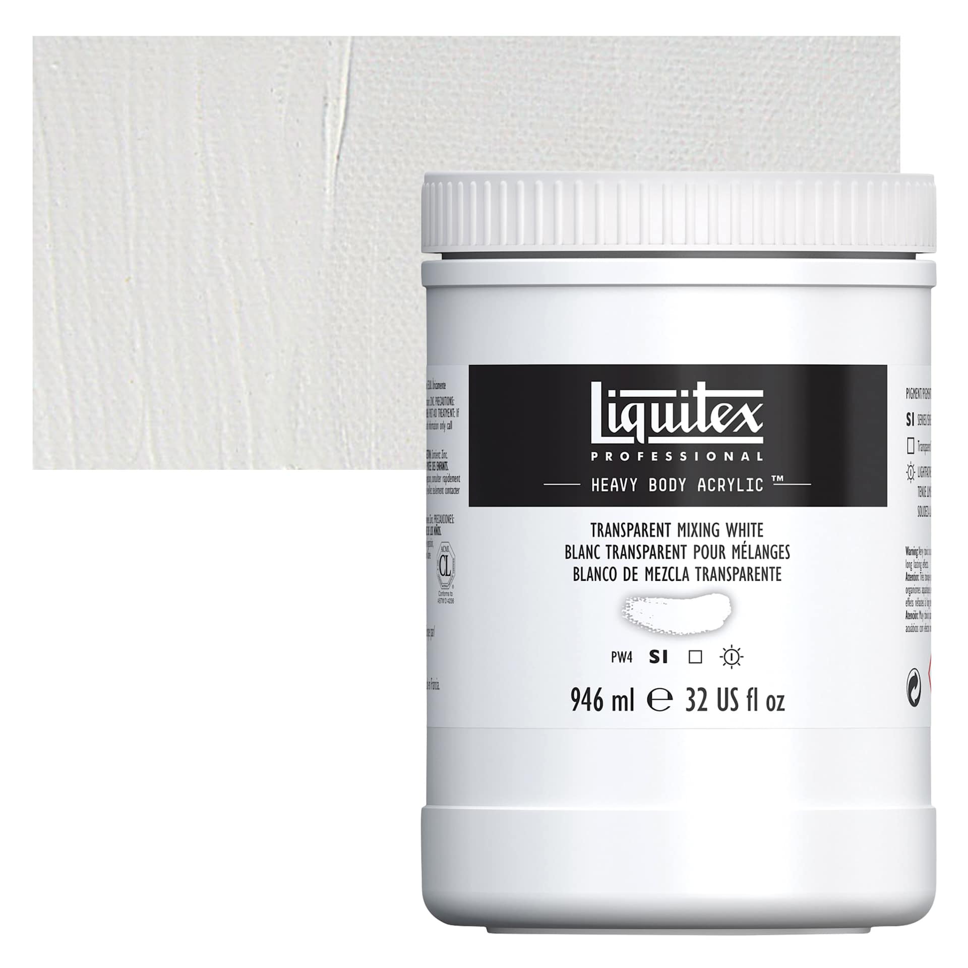 Liquitex Heavy Body Artist Acrylic - Transparent Mixing White, 32 oz Jar and swatch