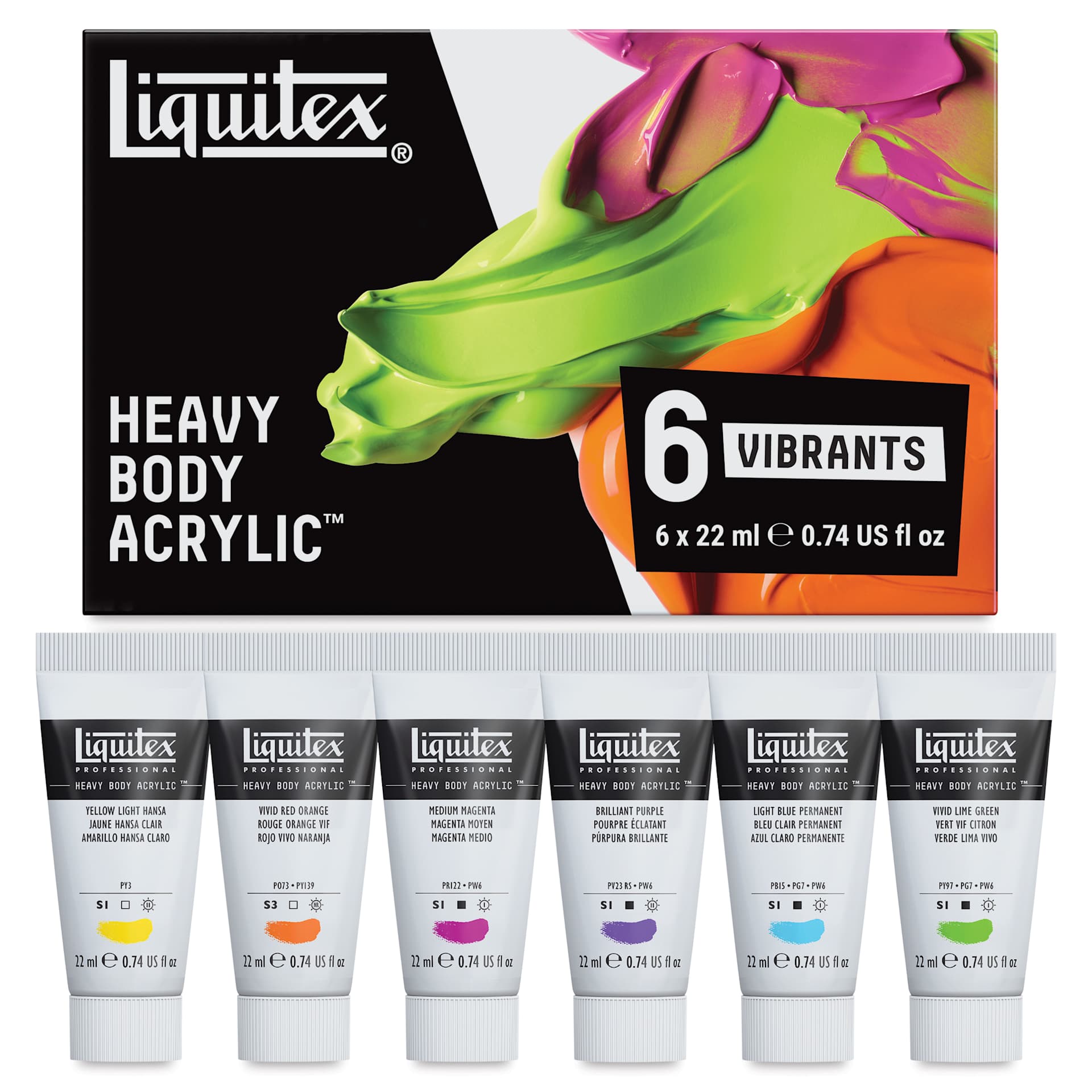 Liquitex Professional Heavy Body Acrylics - Set of 6, Vibrant Colors, 22 ml, contents and packaging