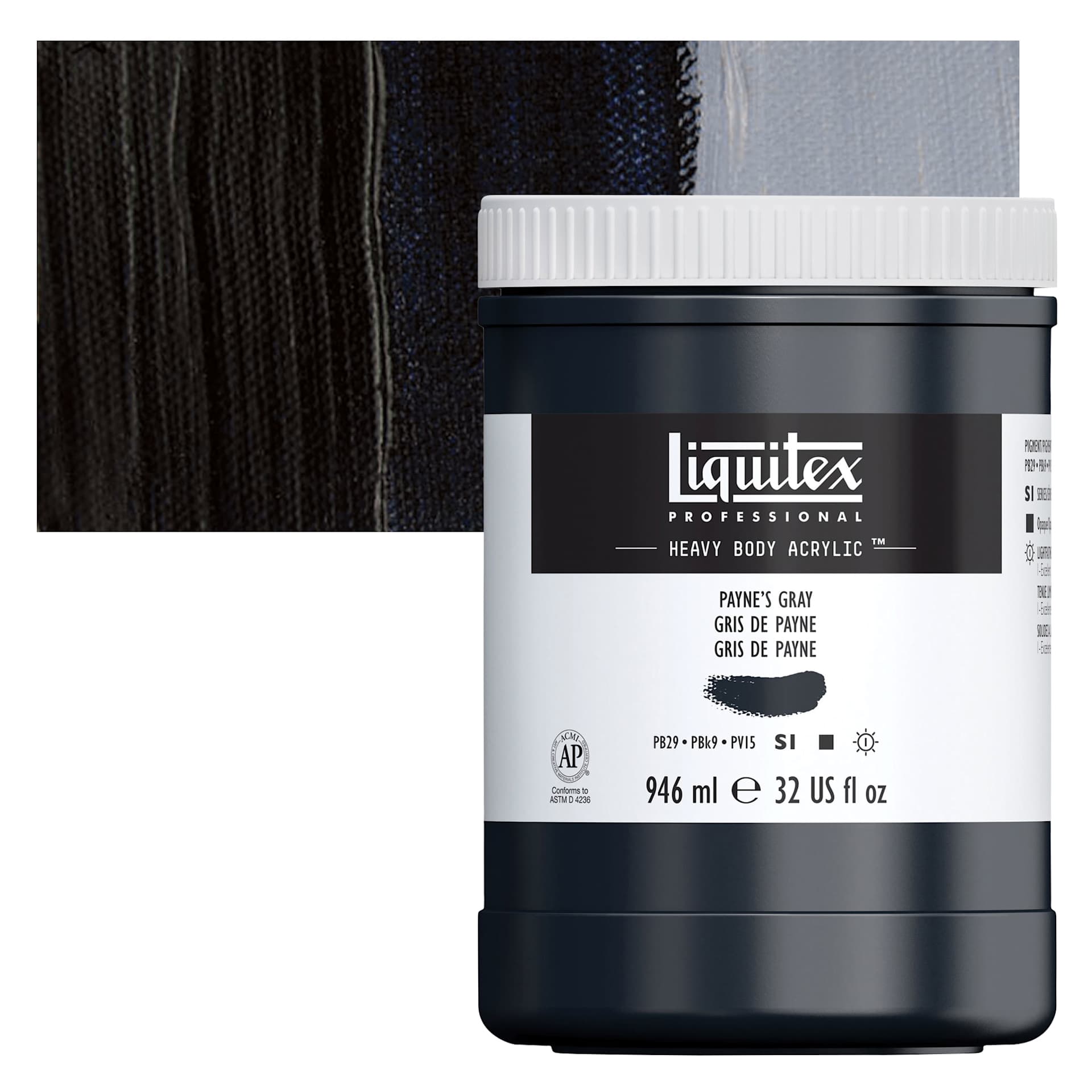 Liquitex Heavy Body Artist Acrylic - Payne's Gray, 32 oz Jar and swatch
