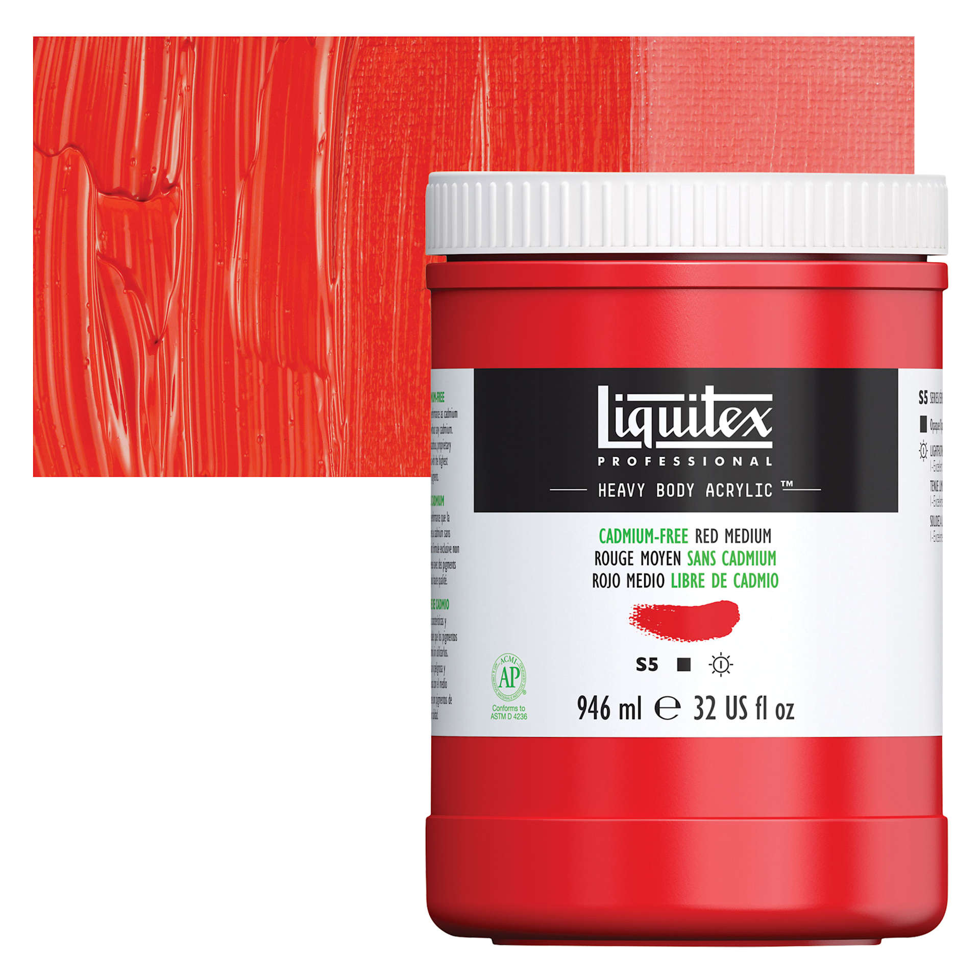 Liquitex Heavy Body Artist Acrylic - Cadmium-Free Red Medium, 32 oz Jar and swatch