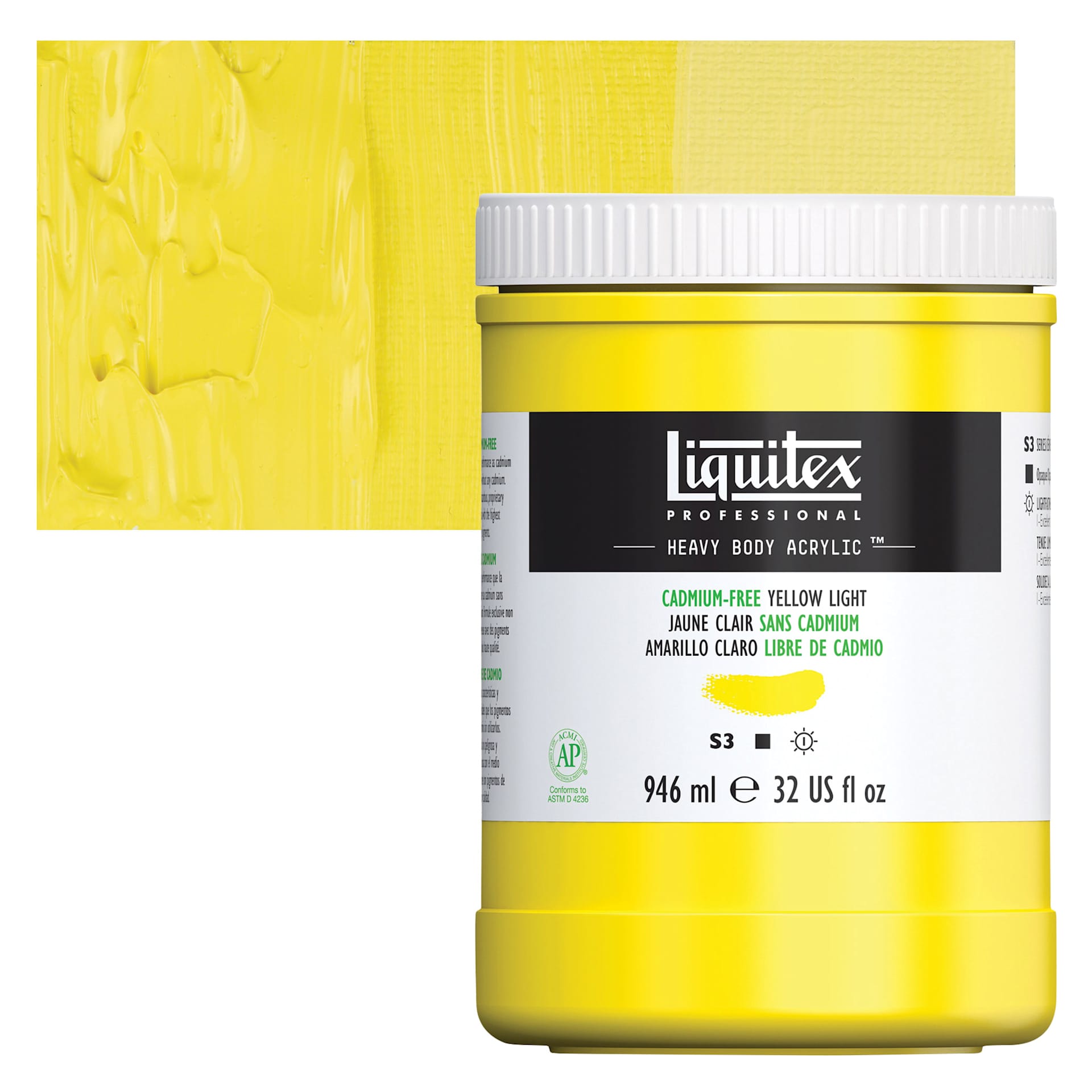 Liquitex Heavy Body Artist Acrylic - Cadmium-Free Yellow Light, 32 oz Jar and swatch
