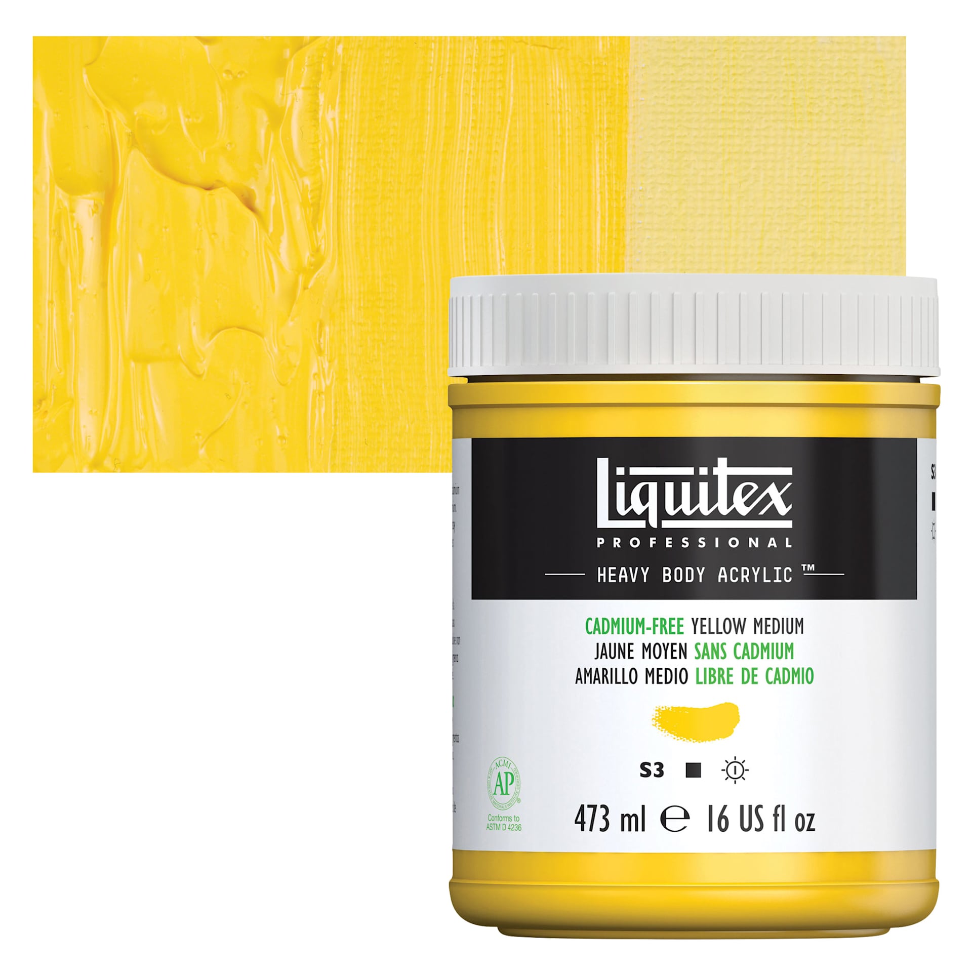 Liquitex Heavy Body Artist Acrylic - Cadmium-Free Yellow Medium, 16 oz Jar and swatch