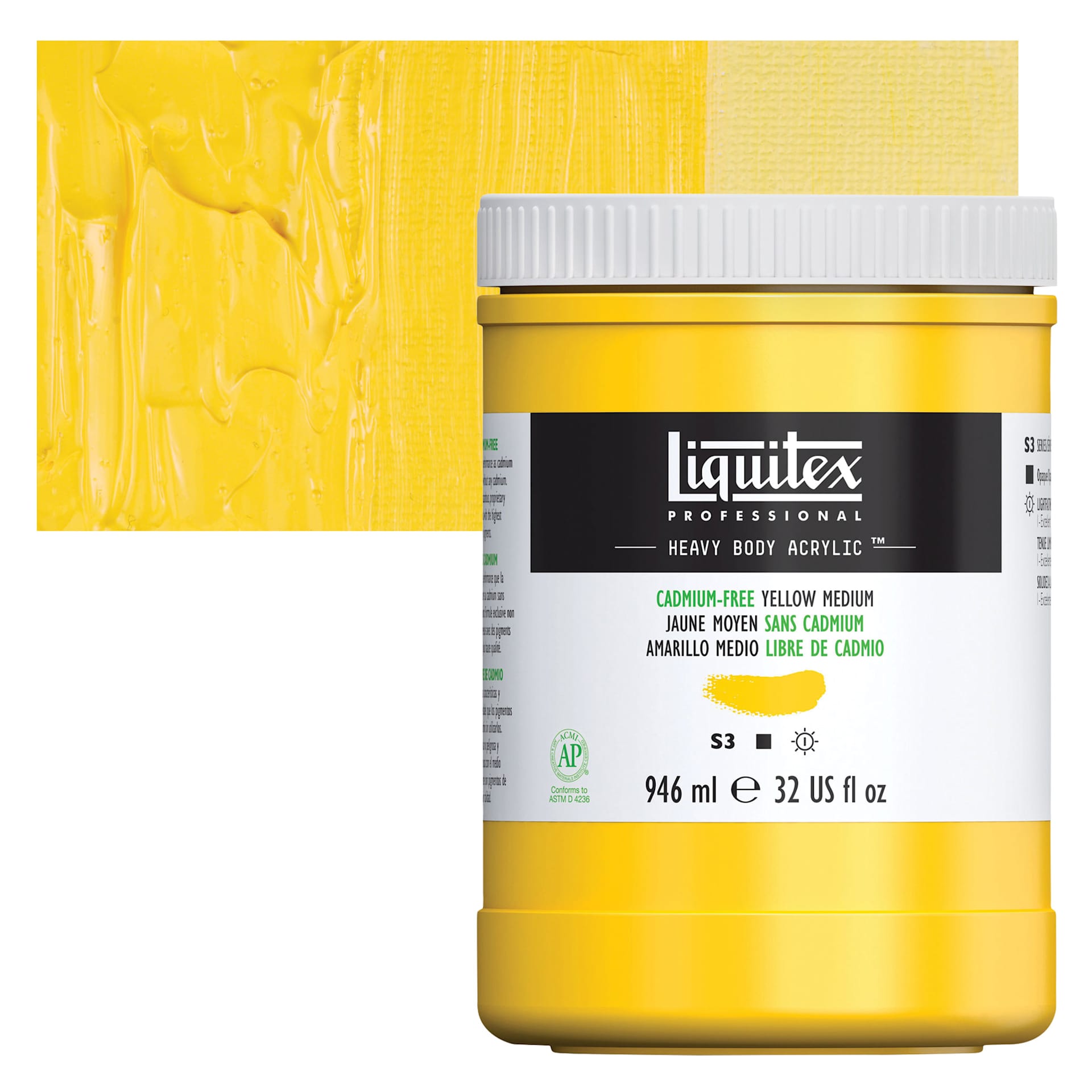 Liquitex Heavy Body Artist Acrylic - Cadmium-Free Yellow Medium, 32 oz Jar and swatch