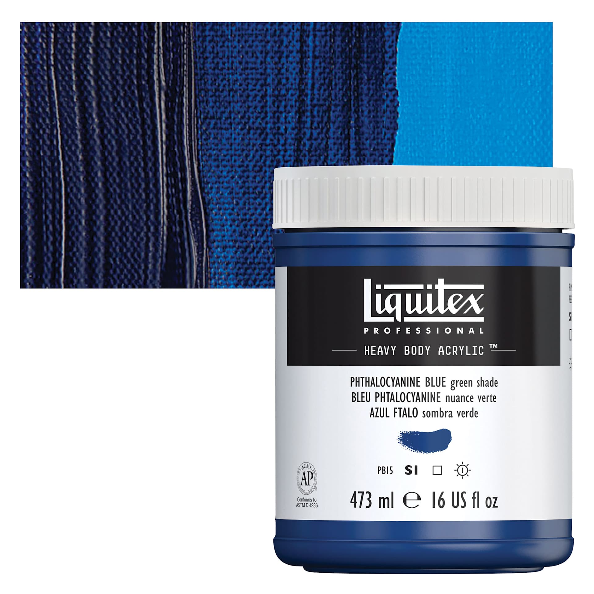 Liquitex Heavy Body Artist Acrylic - Phthalo Blue (Green Shade), 16 oz Jar and swatch