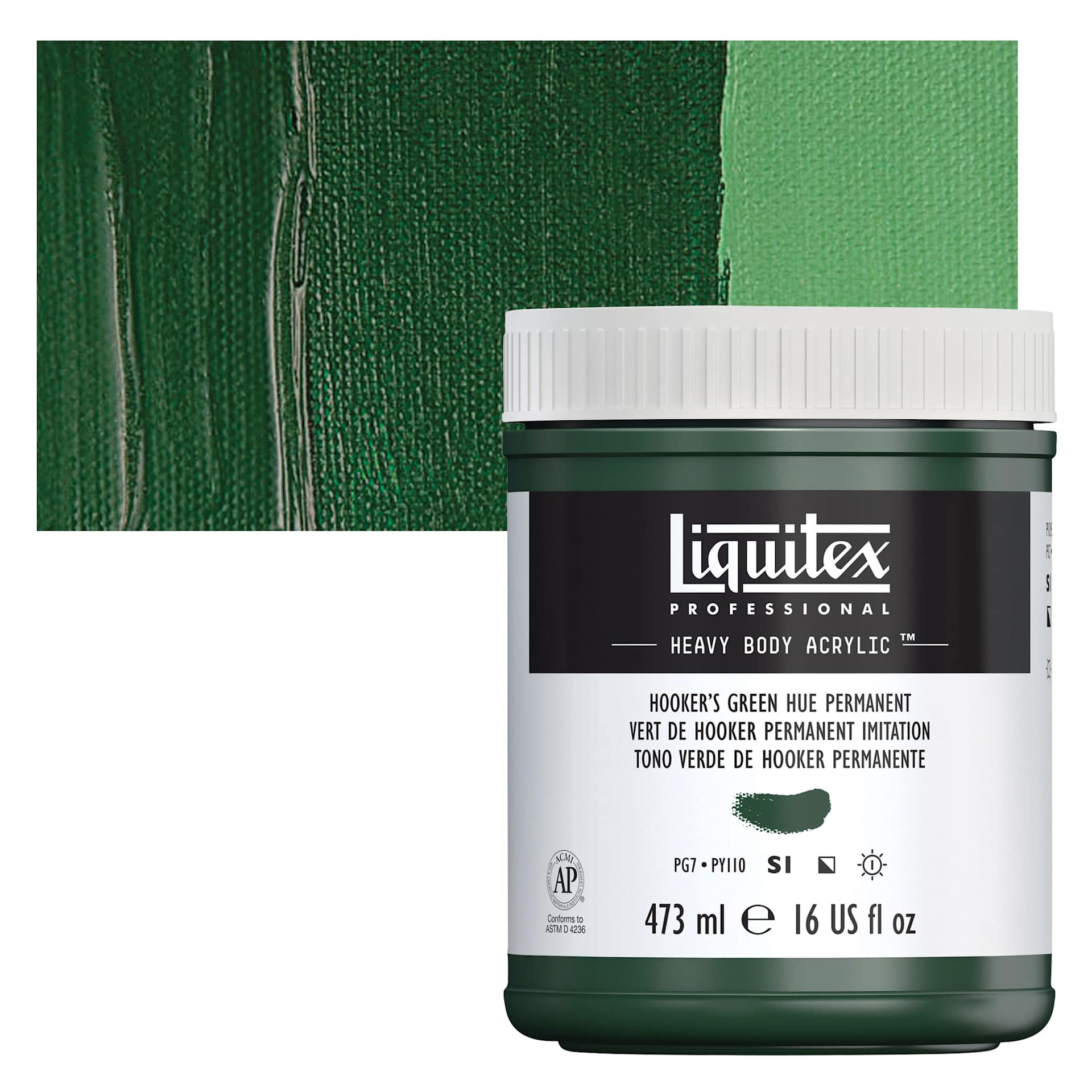 Liquitex Heavy Body Artist Acrylic - Hooker's Green Hue Permanent, 16 oz Jar and swatch