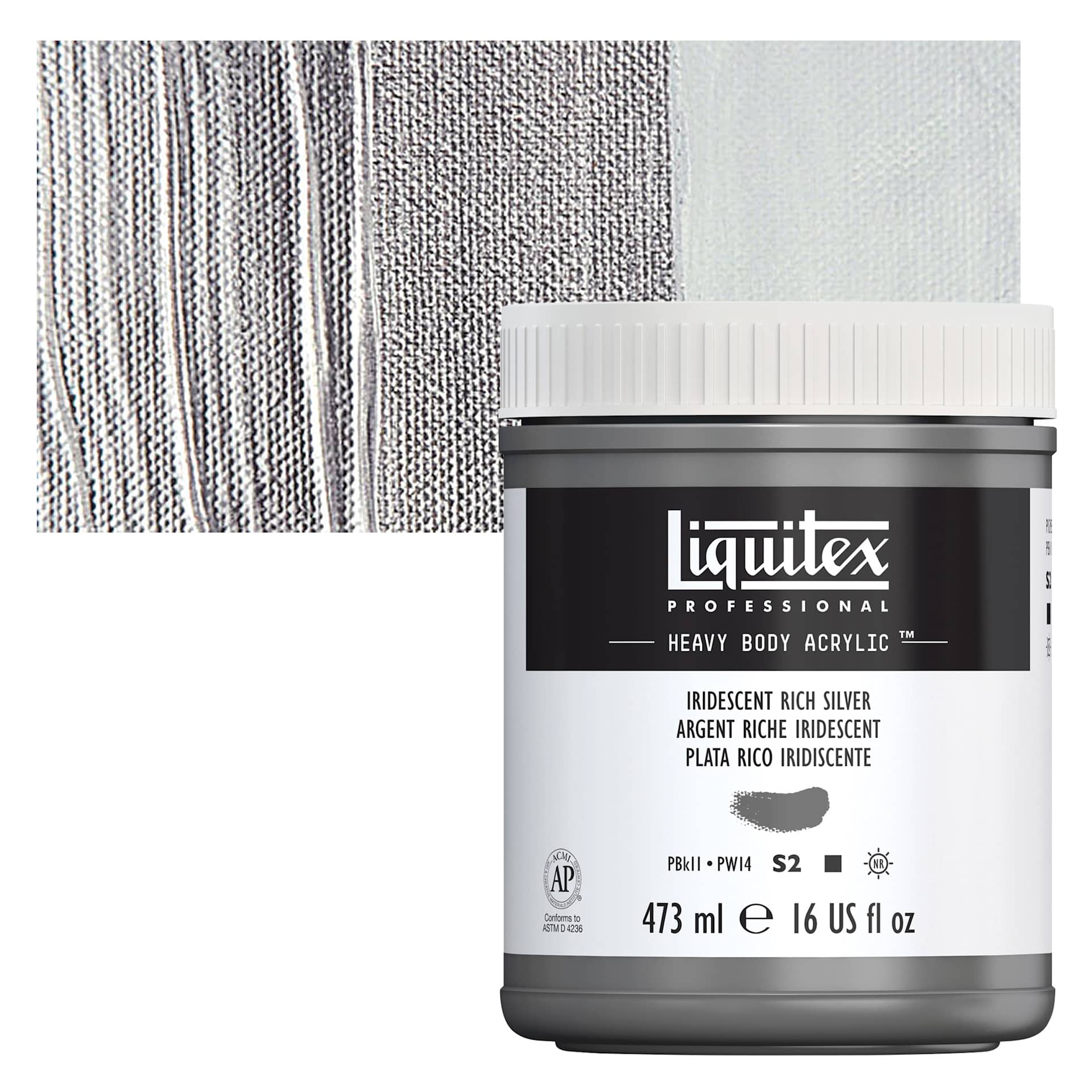 Liquitex Heavy Body Artist Acrylic - Iridescent Rich Silver, 16 oz and swatch