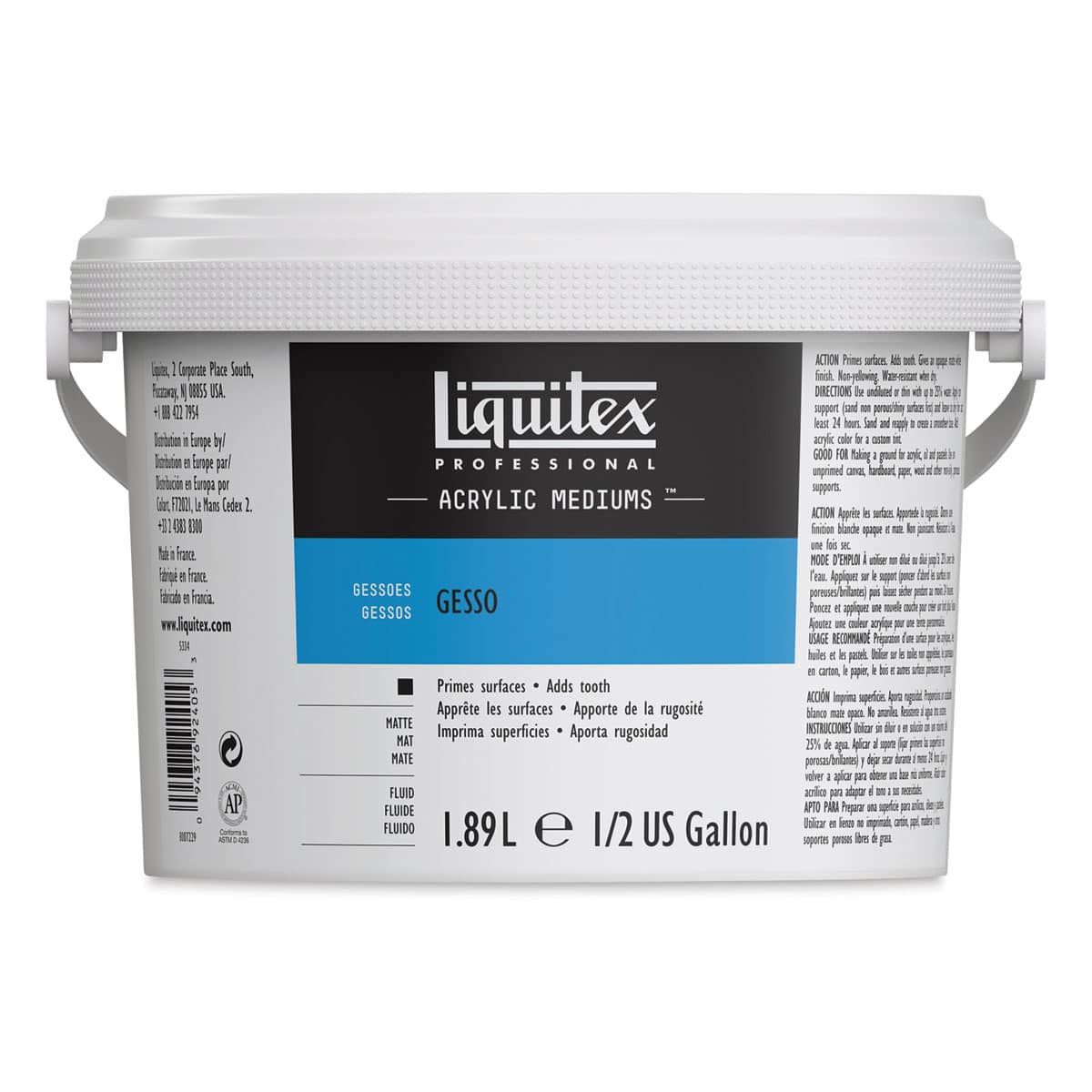 Liquitex Acrylic Gesso-White 1/2 Gallon Bucket. Front of bucket.