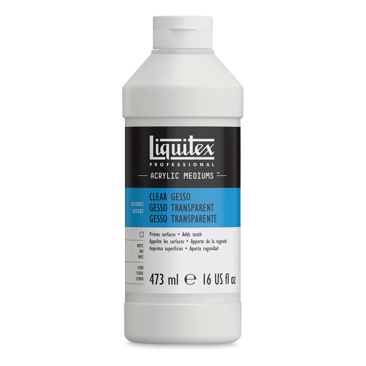 Liquitex Acrylic Gesso-Clear 16oz Bottle. Front of bottle.