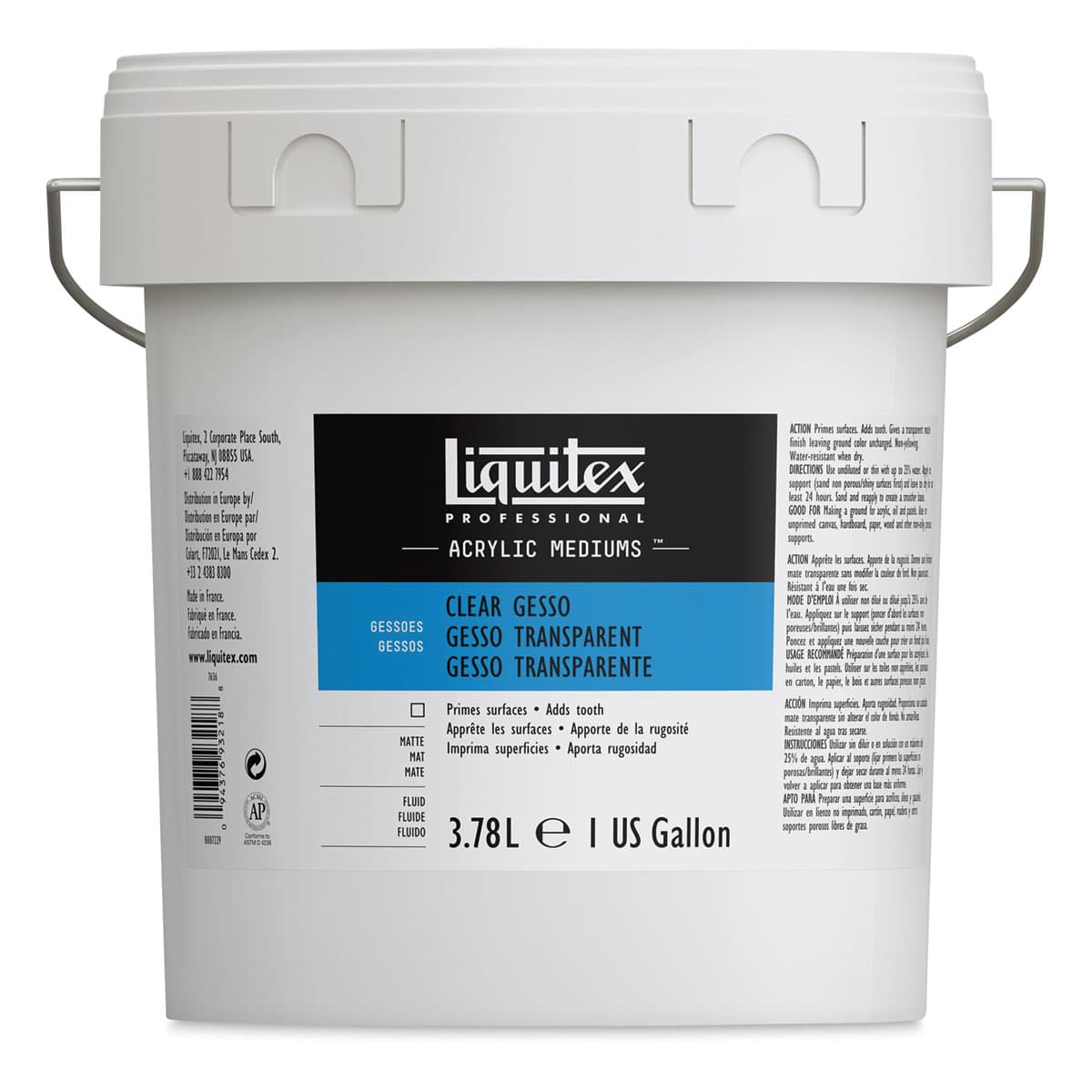 Liquitex Acrylic Gesso-Clear 1 Gallon Bucket. Front of bucket.