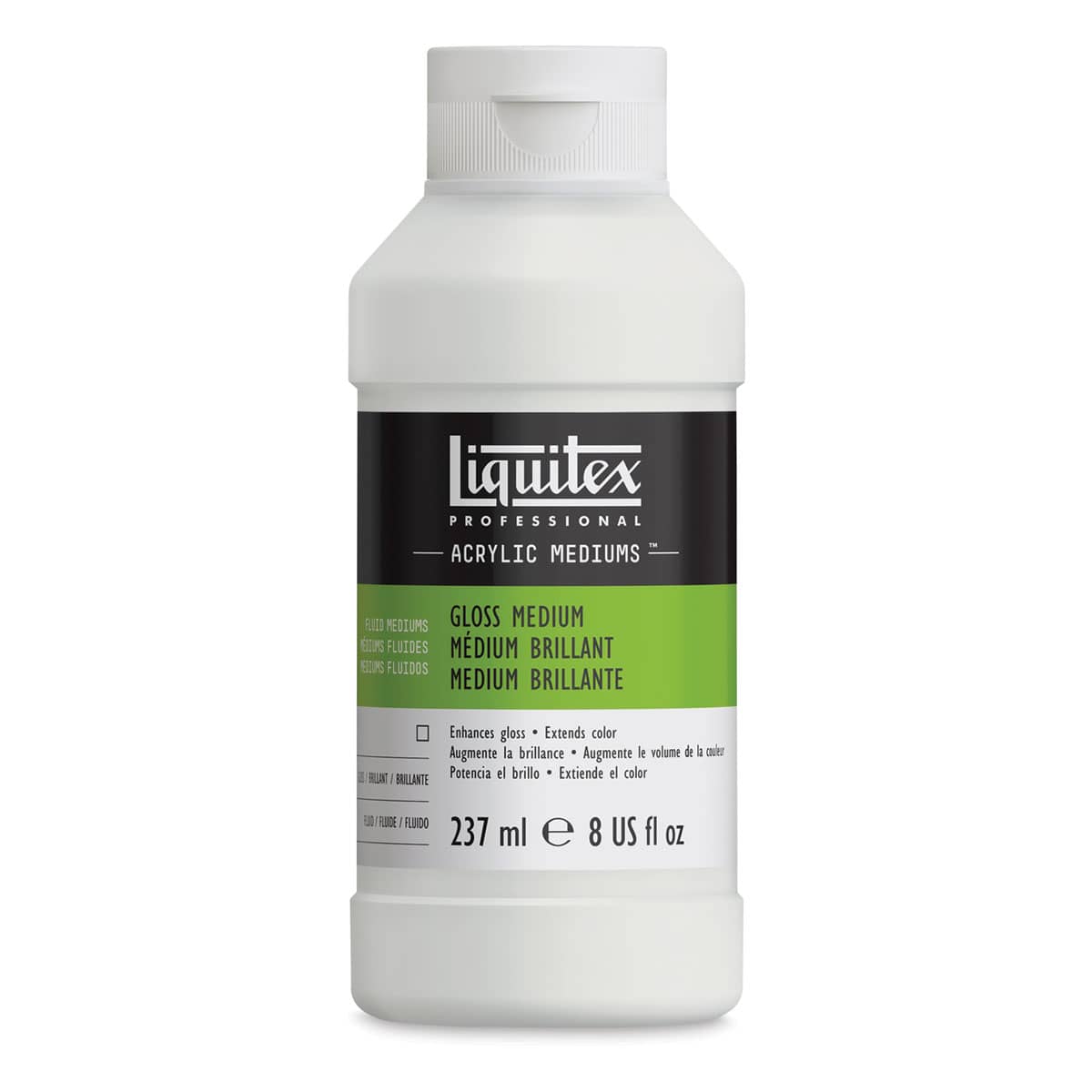 Liquitex Fluids Acrylic Medium - Gloss, 8 oz Bottle. Front of bottle.