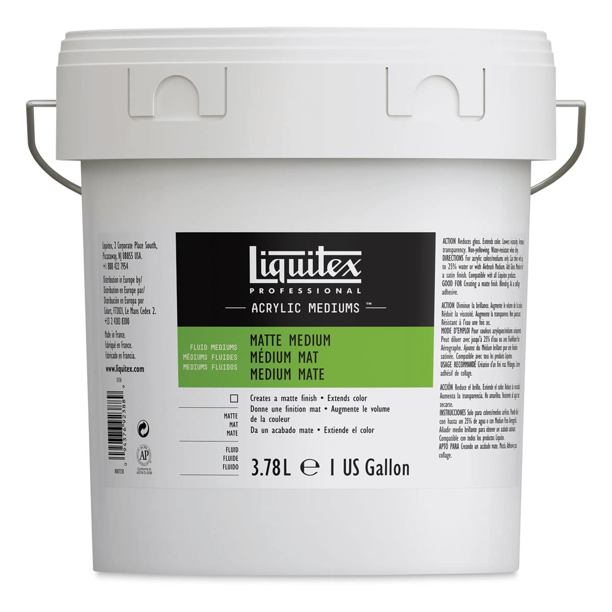 Liquitex Fluids Acrylic Medium - Matte, Gallon. Front of bucket. Liquitex Fluids Acrylic Medium - Matte, Gallon. Front of bucket.