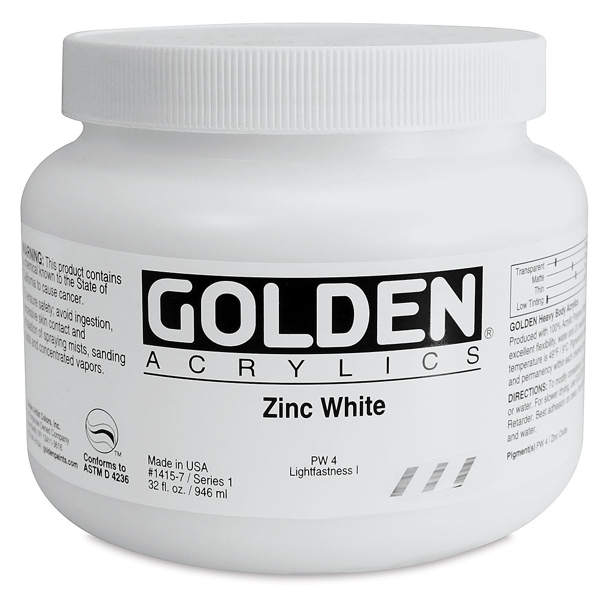 Golden Heavy Body Artist Acrylics - Zinc White, 32 oz Jar