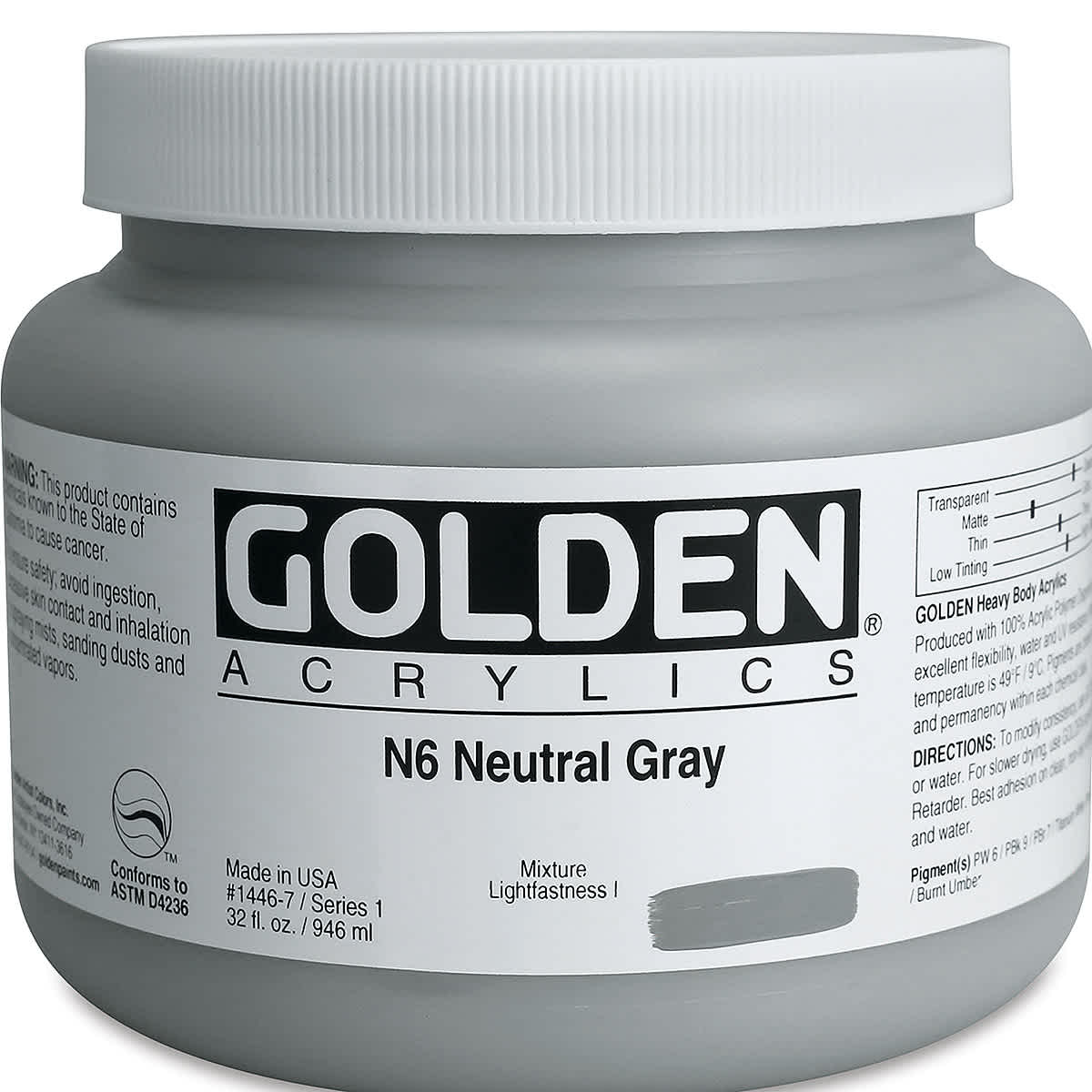 Golden Heavy Body Artist Acrylics - Neutral Gray N6, 32 oz Jar