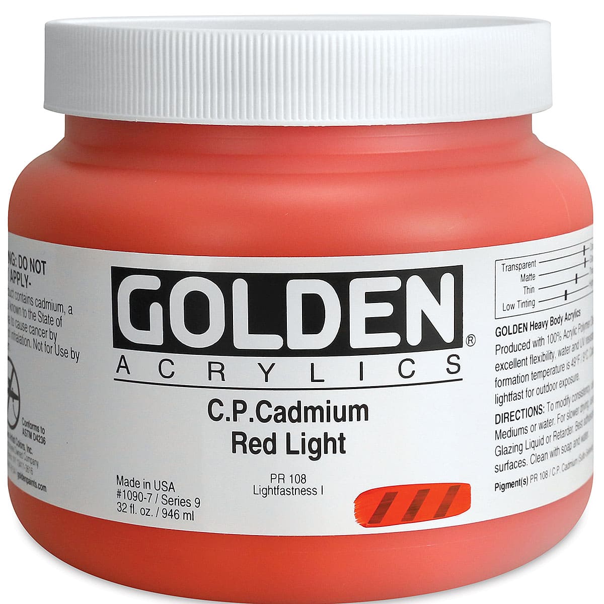 Golden Heavy Body Artist Acrylics - Cadmium Red Light, 32 oz Jar