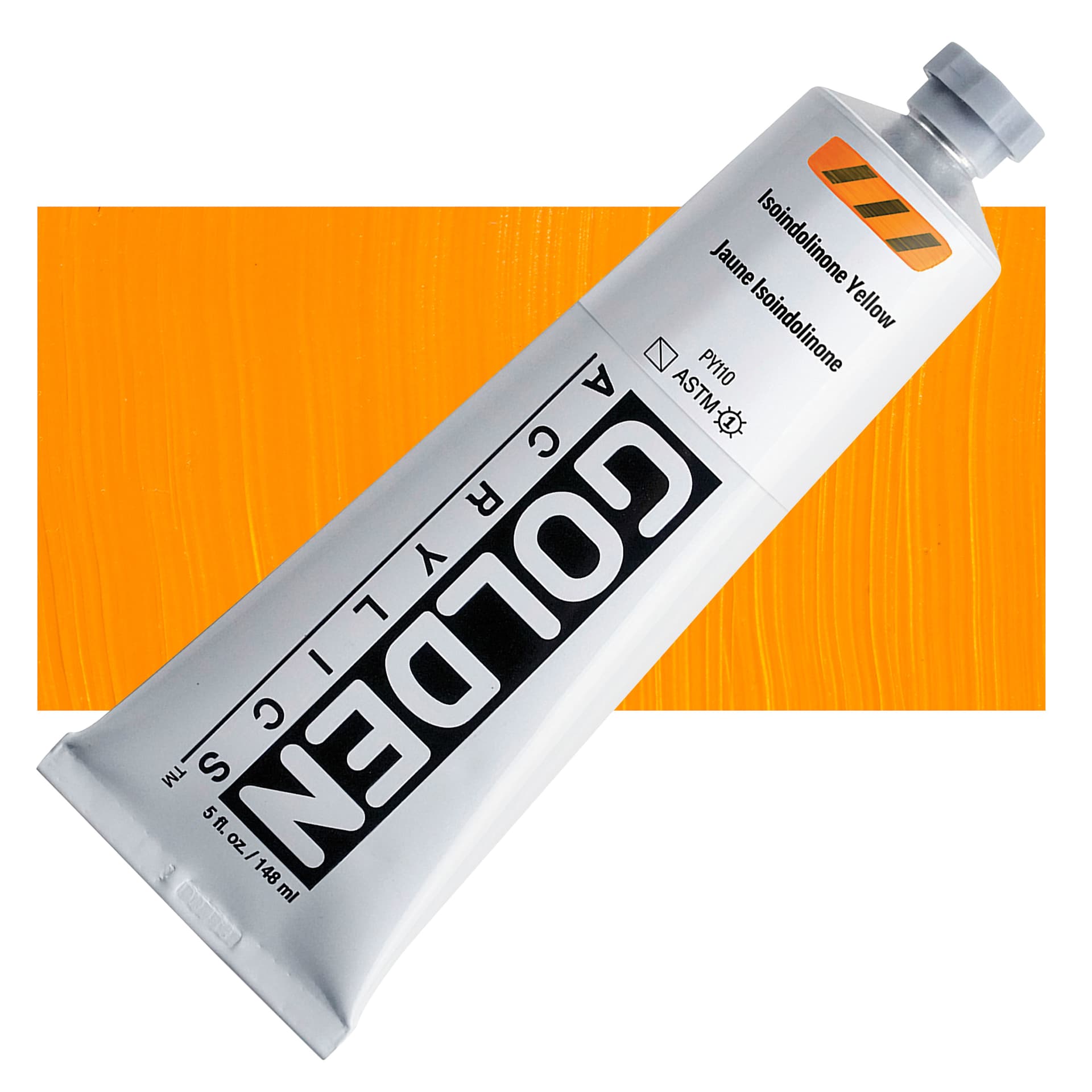 Golden Heavy Body Acrylic Paint - Isoindolinone Yellow, 5 oz Tube and swatch