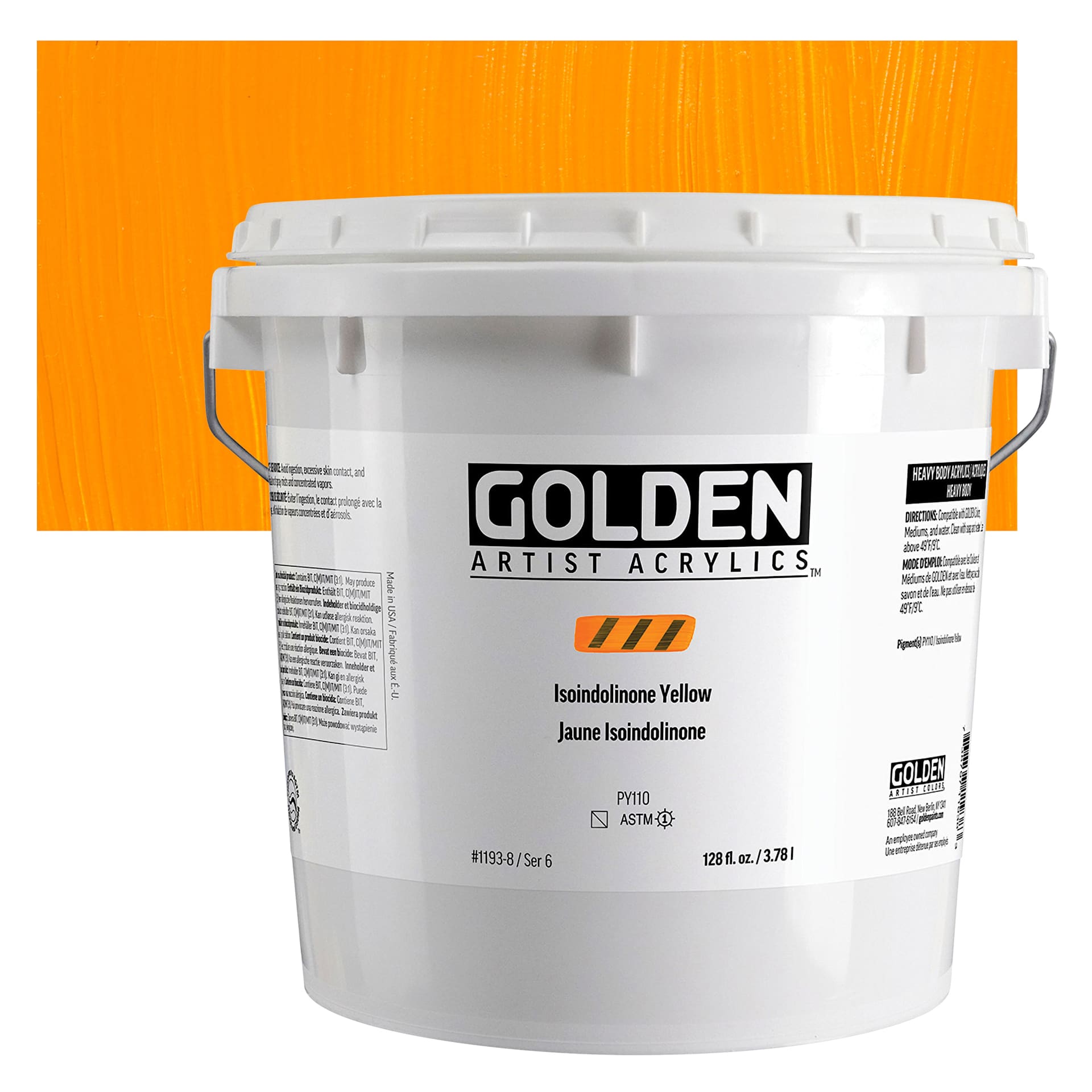Golden Heavy Body Acrylic Paint - Isoindolinone Yellow, 3.78 L Jar and swatch