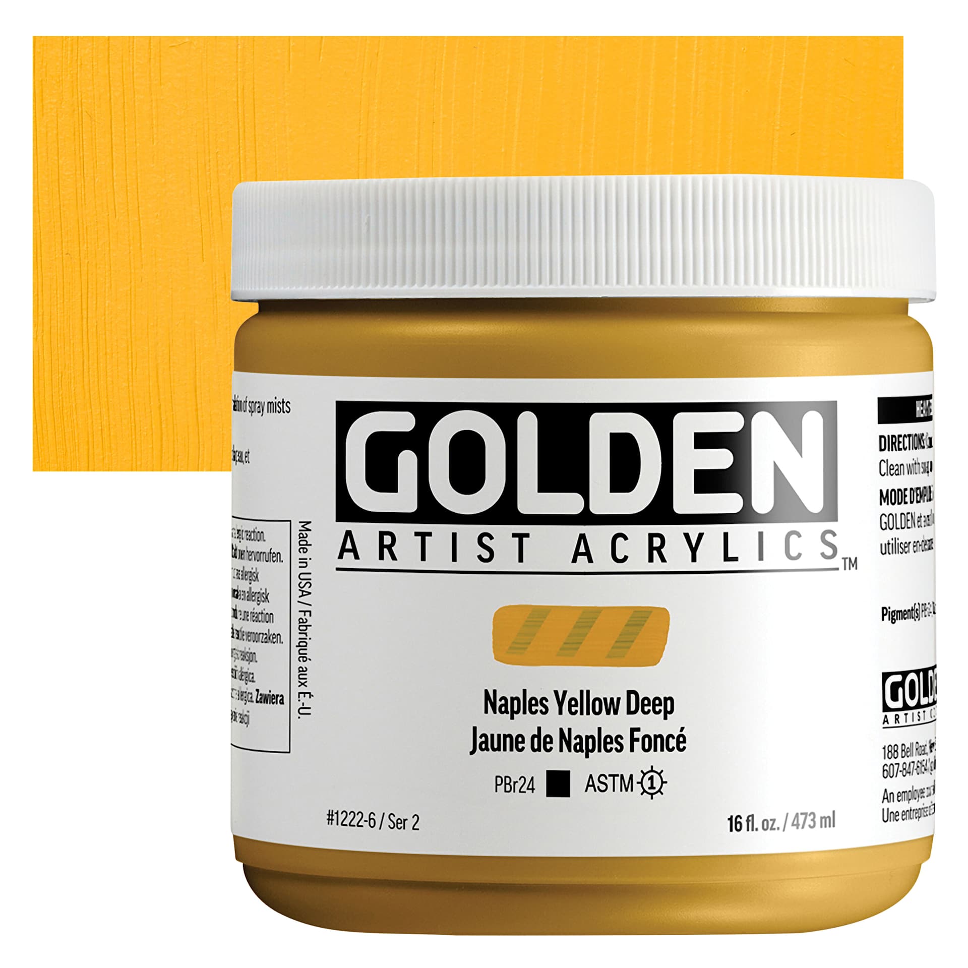 Golden Heavy Body Acrylic Paint - Naples Yellow Deep, 473 ml, Jar and swatch