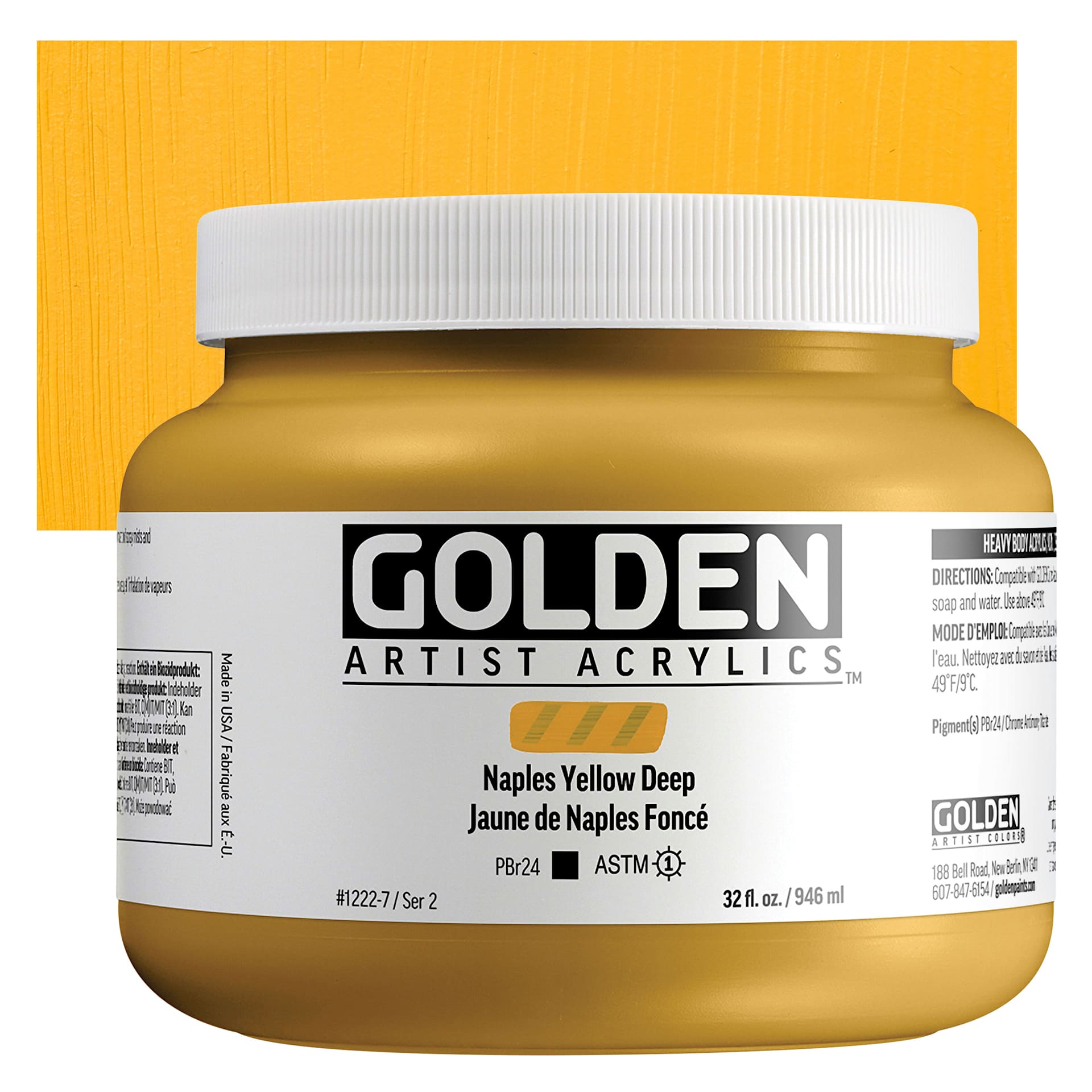 Golden Heavy Body Acrylic Paint - Naples Yellow Deep, 946 ml, Jar and swatch