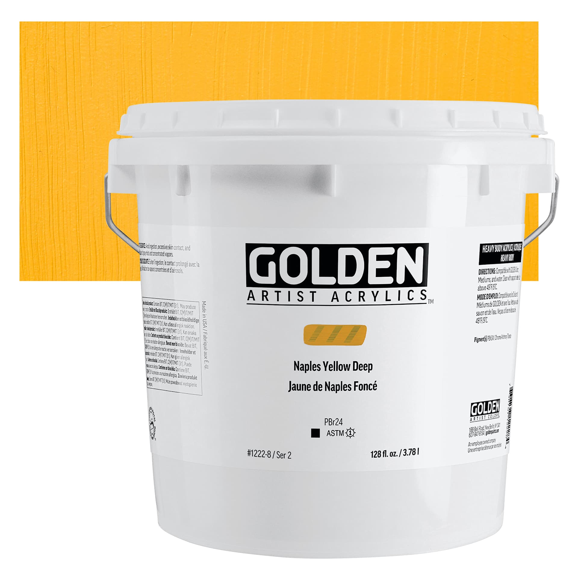 Golden Heavy Body Acrylic Paint - Naples Yellow Deep, 3.78 L, Jar and swatch