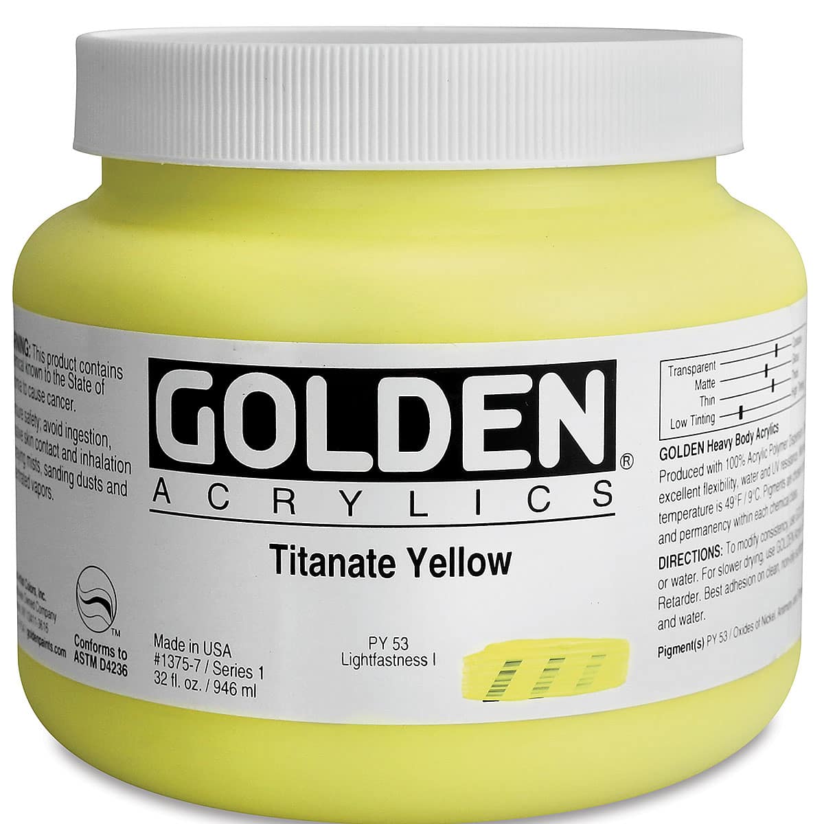 Golden Heavy Body Artist Acrylics - Titanate Yellow, 32 oz Jar