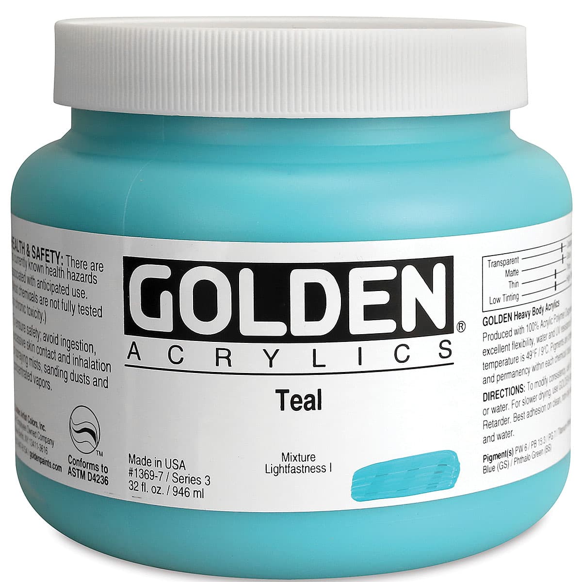 Golden Heavy Body Artist Acrylics - Teal, 32 oz Jar