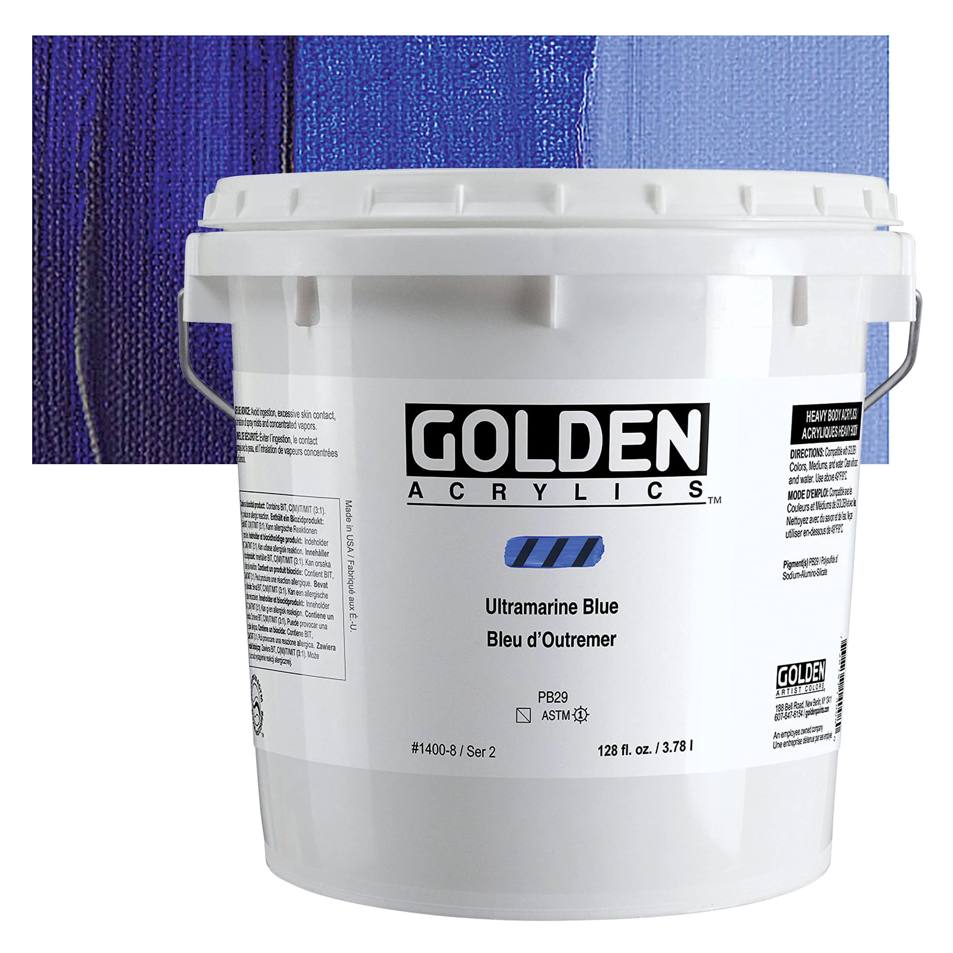 Golden Heavy Body Artist Acrylic - Ultramarine Blue, 128 oz Jar and swatch