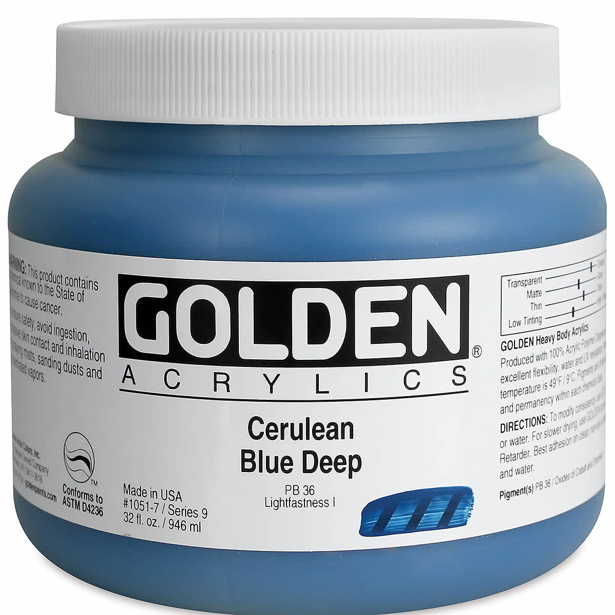 Golden Heavy Body Artist Acrylics - Cerulean Blue Deep, 32 oz Jar