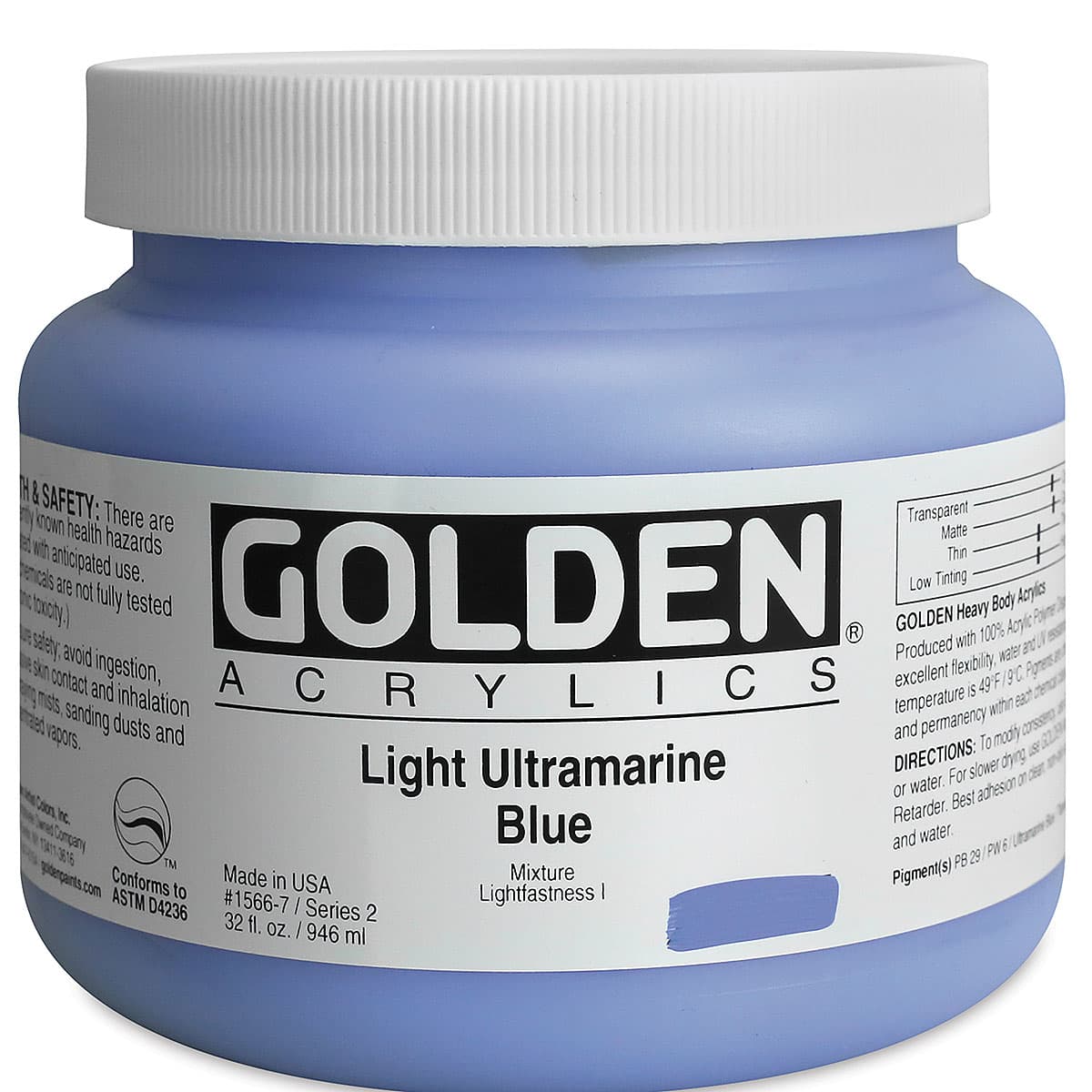 Golden Heavy Body Artist Acrylics - Light Ultramarine Blue, 32 oz Jar