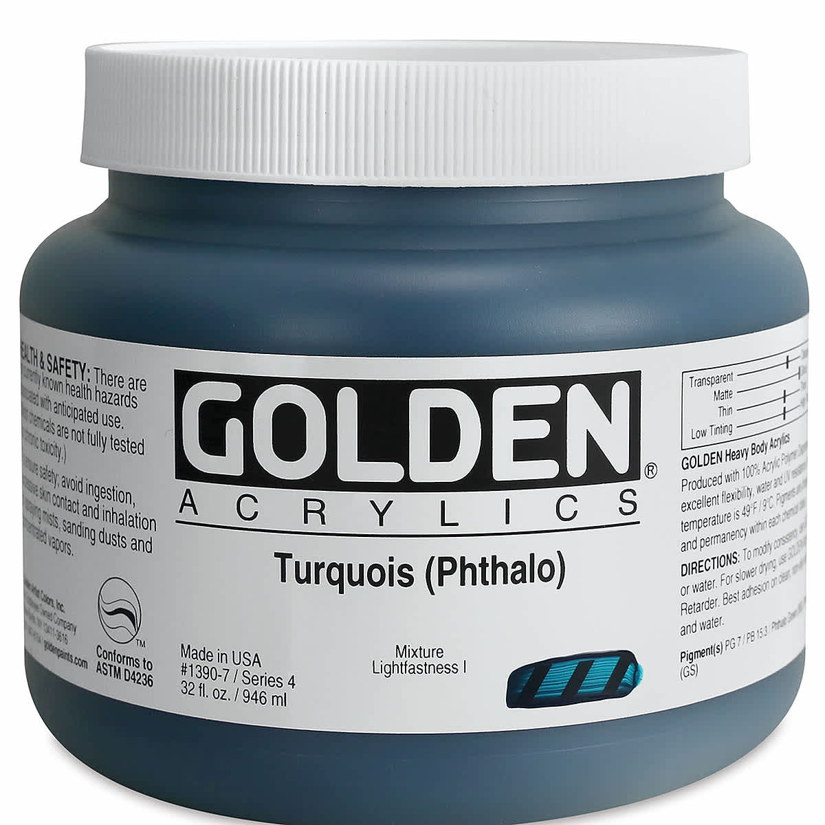 Golden Heavy Body Artist Acrylics - Turquoise (Phthalo), 32 oz Jar
