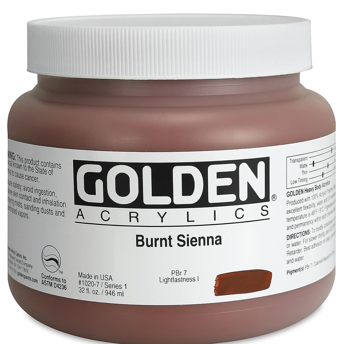 Golden Heavy Body Artist Acrylics - Burnt Sienna, 32 oz Jar