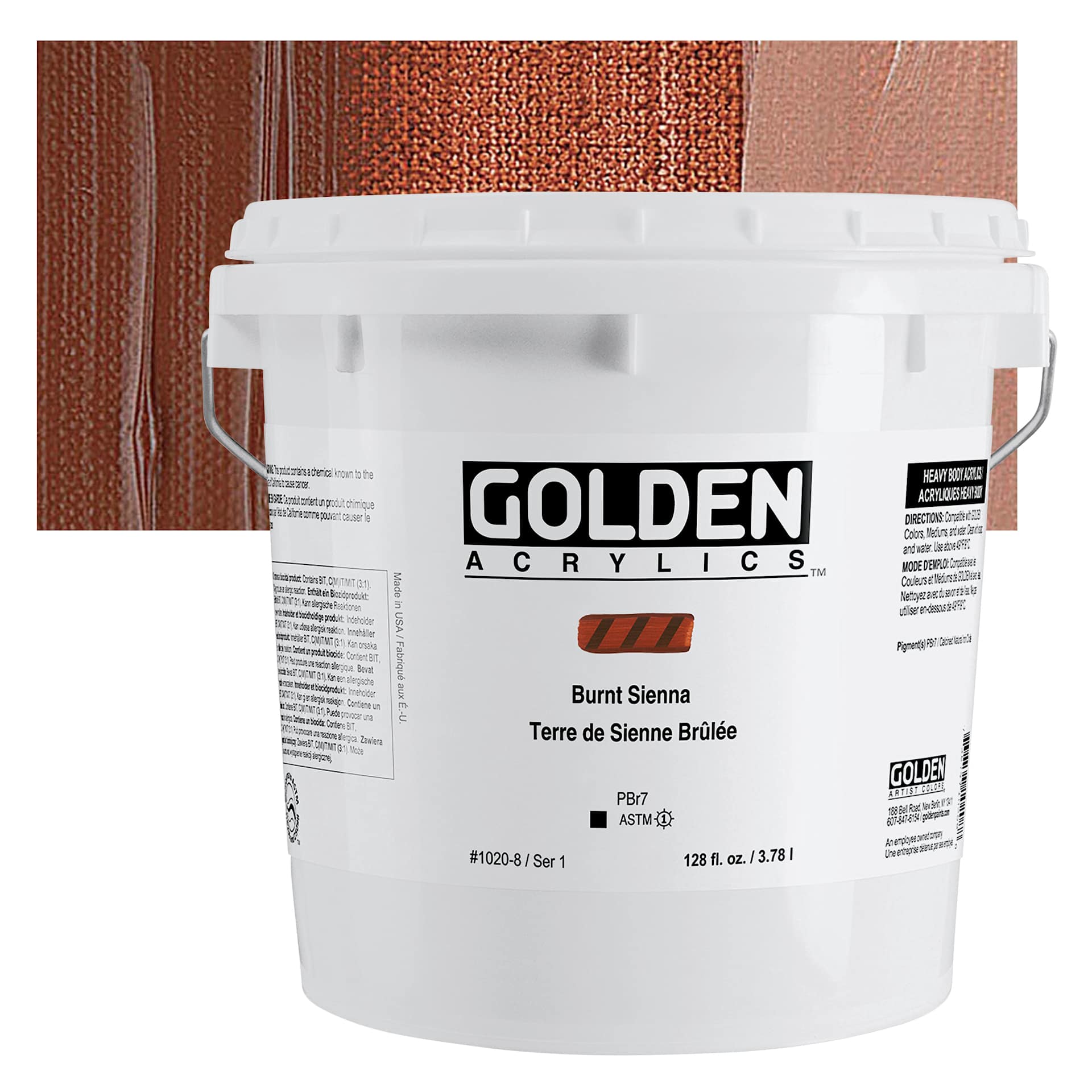 Golden Heavy Body Acrylic Paint - Burnt Sienna, 128 oz Bucket and swatch