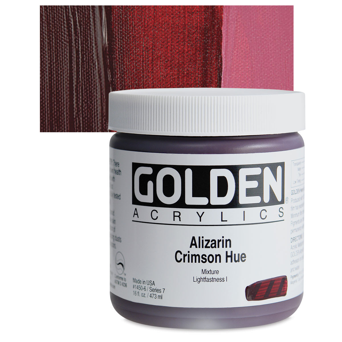 Golden Heavy Body Artist Acrylic - Alizarin Crimson Hue, 16 oz Jar and swatch