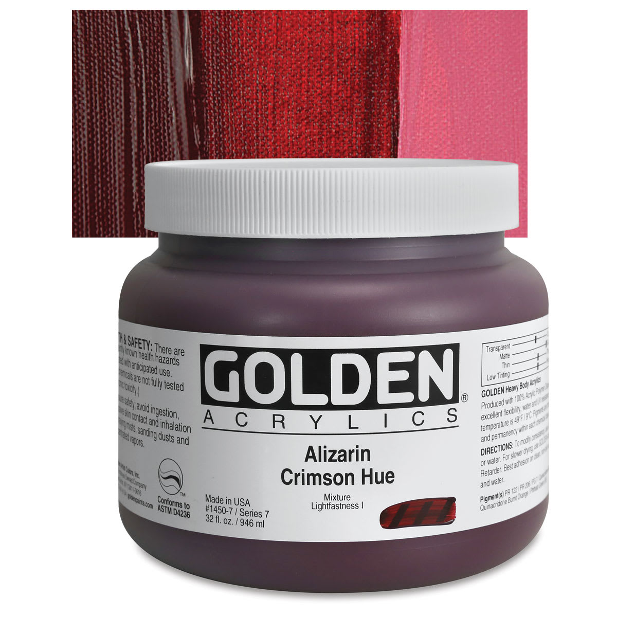 Golden Heavy Body Artist Acrylic - Alizarin Crimson Hue, 32 oz Jar and swatch