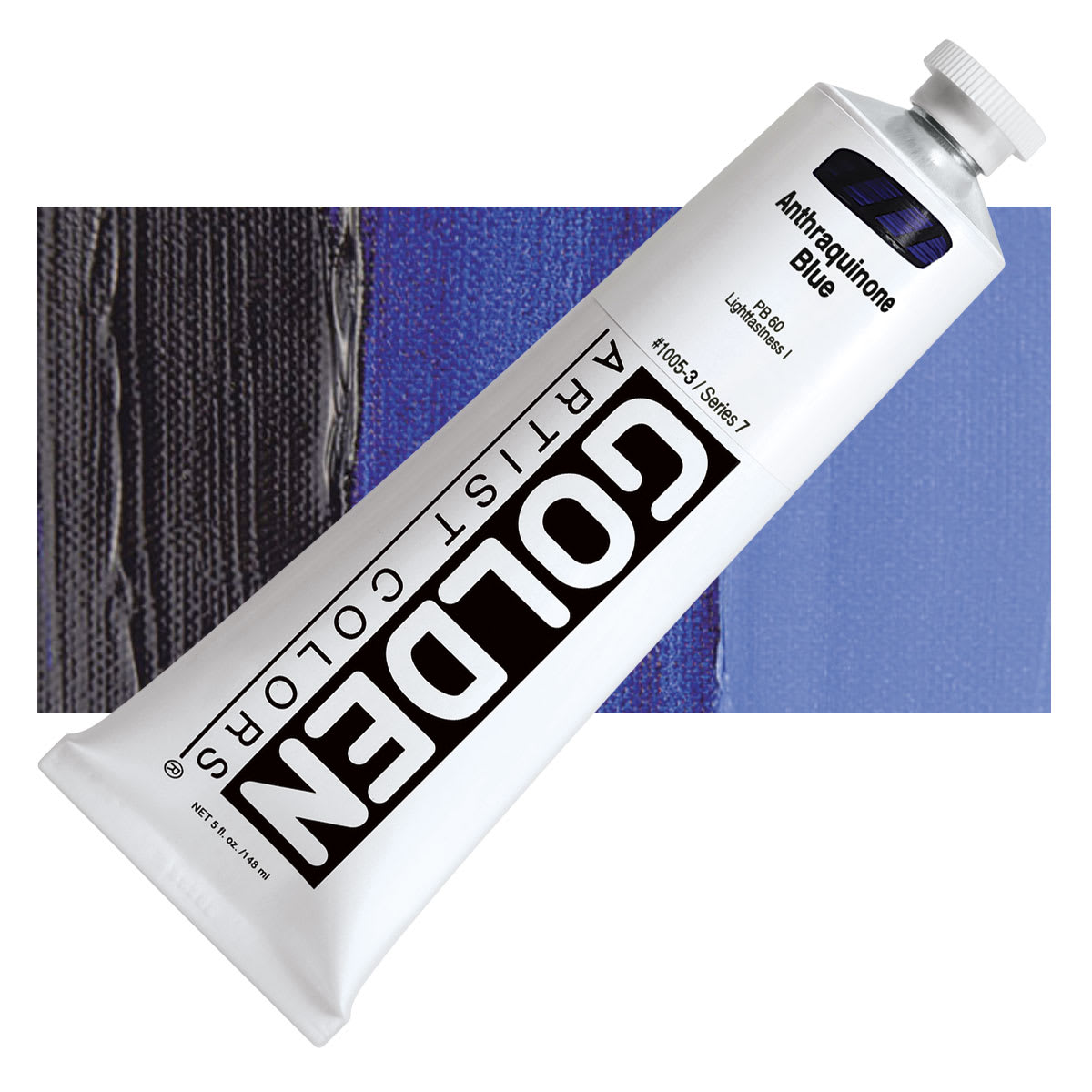 Golden Heavy Body Artist Acrylic - Anthraquinone Blue, 5 oz Tube and swatch