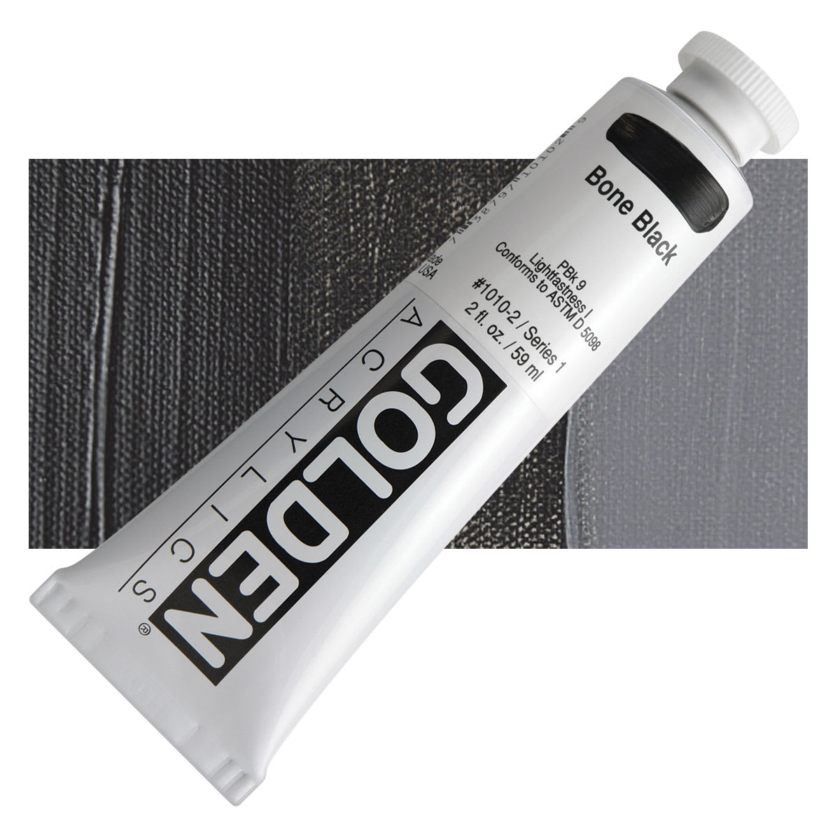 Golden Heavy Body Artist Acrylic - Bone Black, 2 oz Tube and swatch