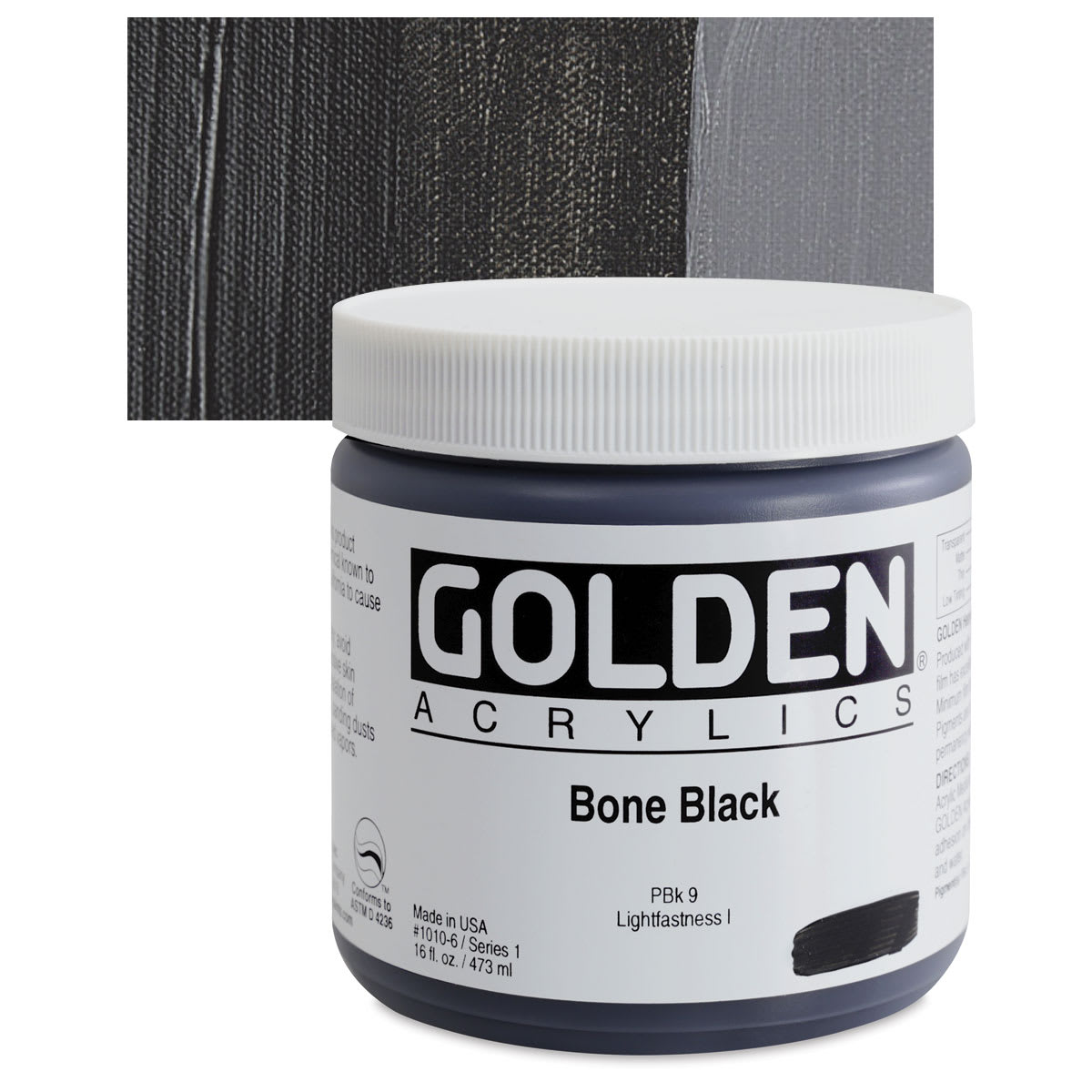 Golden Heavy Body Artist Acrylic - Bone Black, 16 oz Jar and swatch
