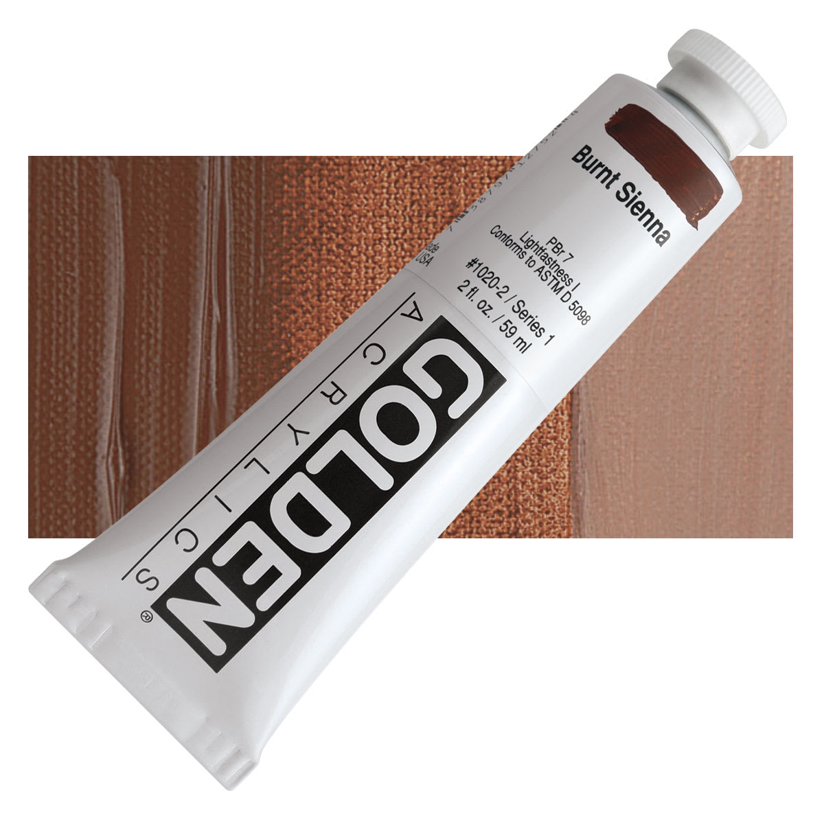 Golden Heavy Body Artist Acrylic - Burnt Sienna, 2 oz Tube and swatch