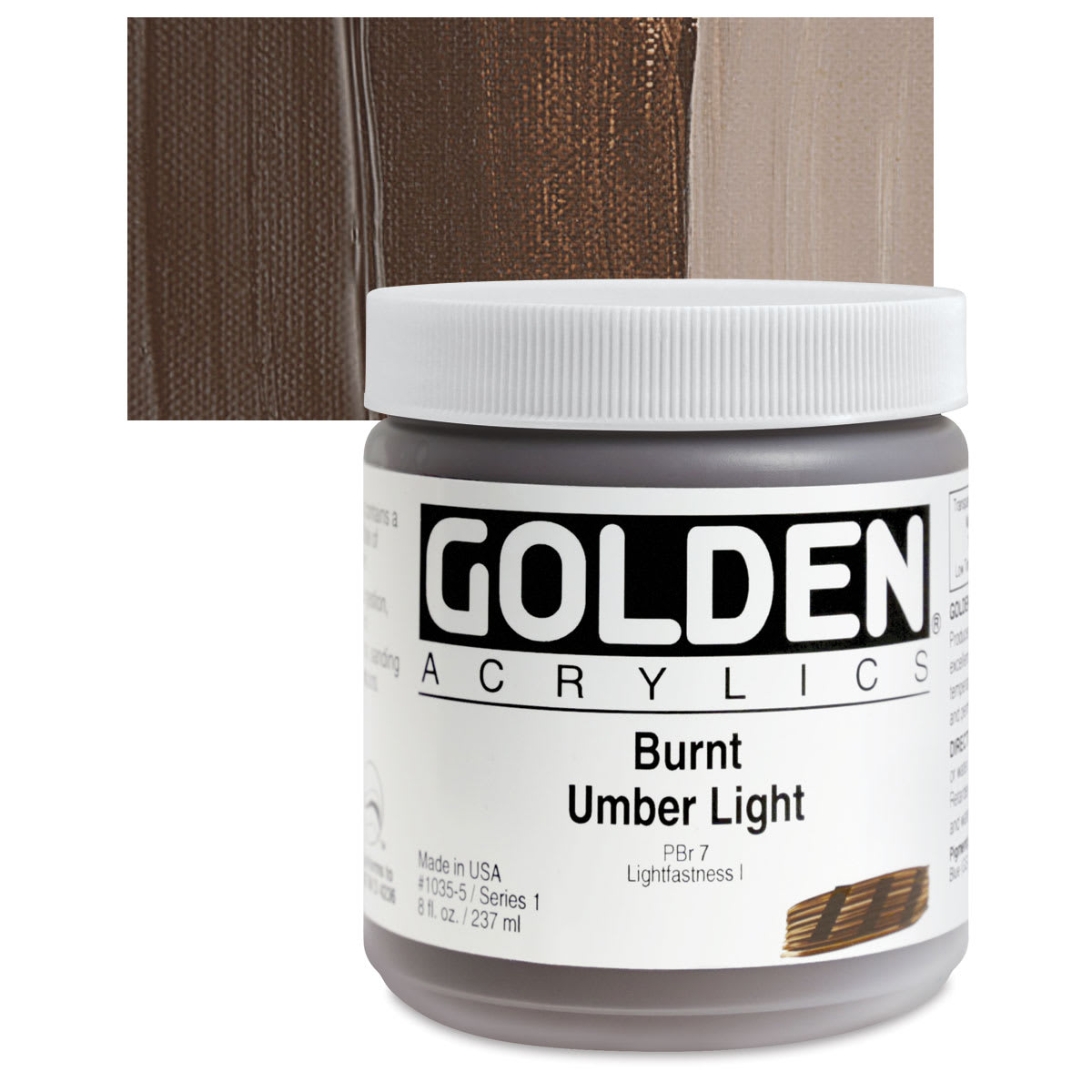 Golden Heavy Body Artist Acrylic - Burnt Umber Light, 8 oz jar and swatch