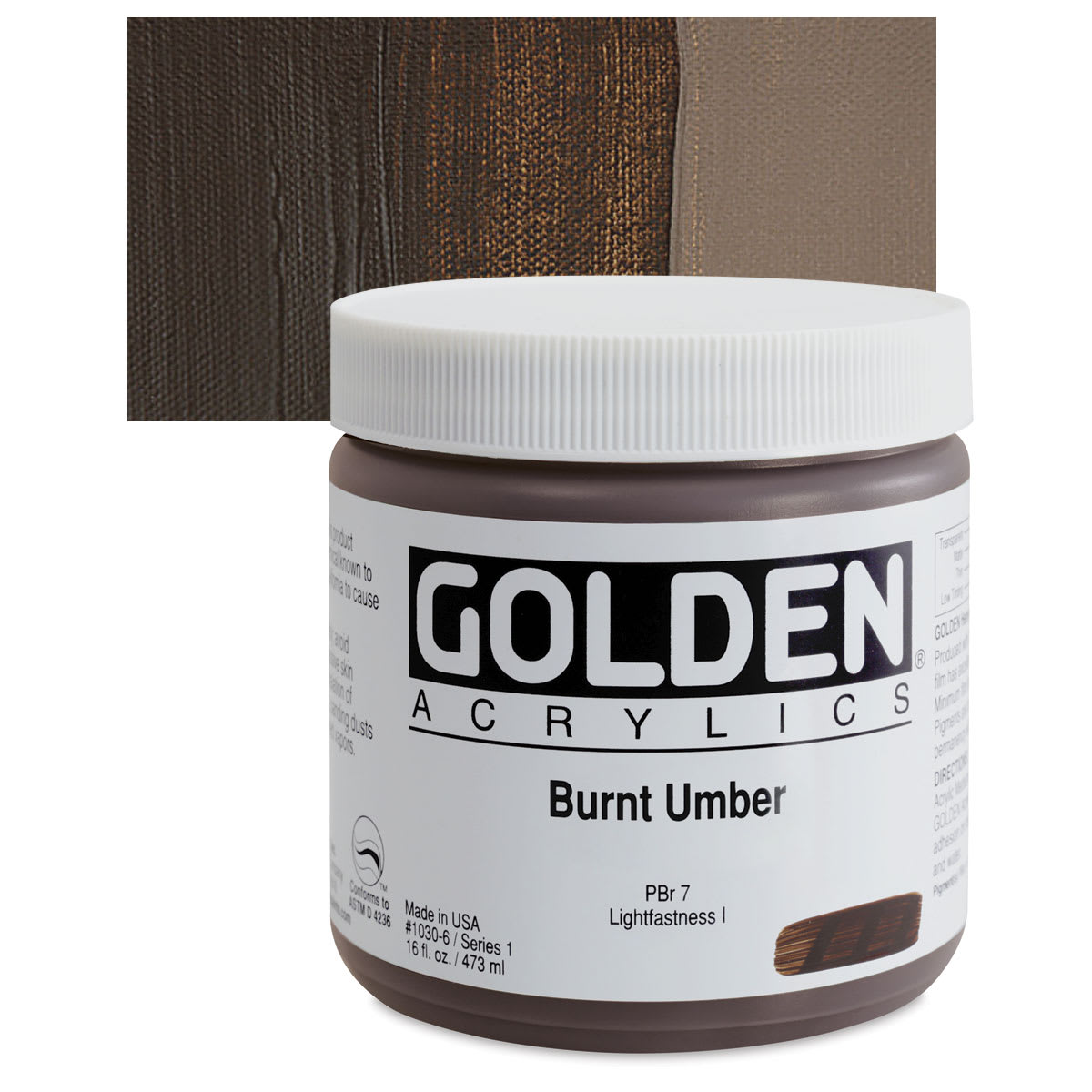 Golden Heavy Body Artist Acrylic - Burnt Umber, 16 oz Jar and swatch