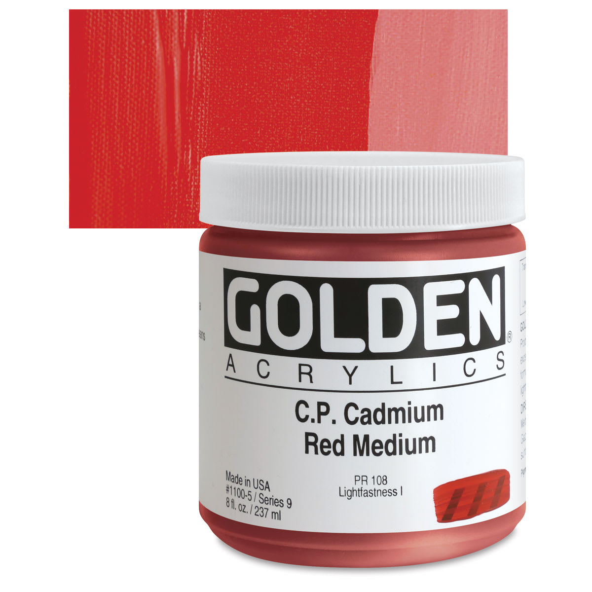 Golden Heavy Body Artist Acrylic - Cadmium Red Medium, 8 oz Jar and swatch