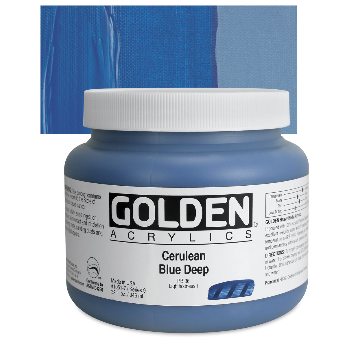Golden Heavy Body Artist Acrylic - Cerulean Blue Deep, 32 oz Jar and swatch