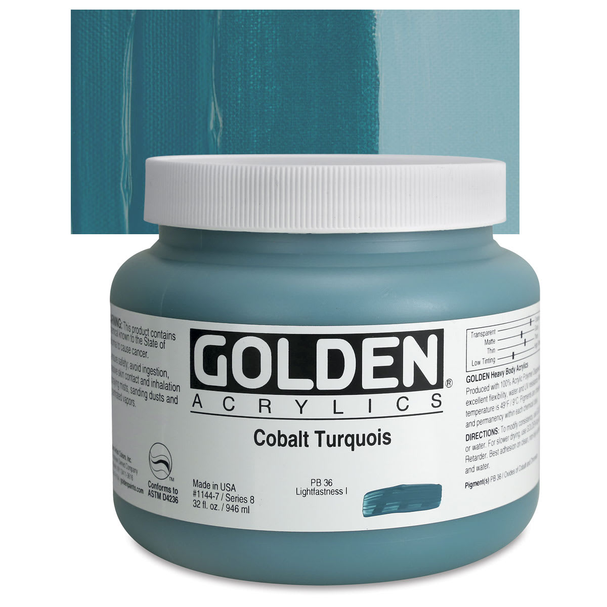 Golden Heavy Body Artist Acrylic - Cobalt Turquoise, 32 oz Jar and swatch