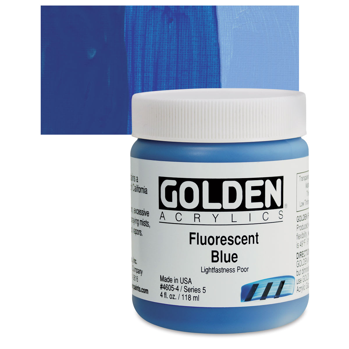 Golden Heavy Body Artist Acrylic - Fluorescent Blue, 4 oz Jar and swatch