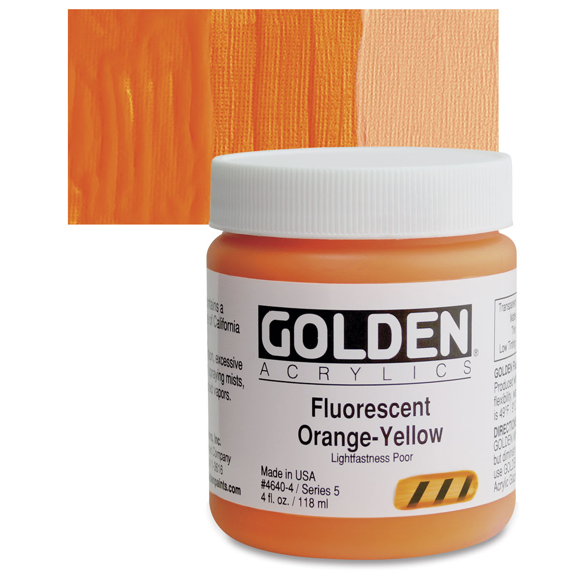 Golden Heavy Body Artist Acrylic - Fluorescent Orange Yellow, 4 oz Jar and swatch