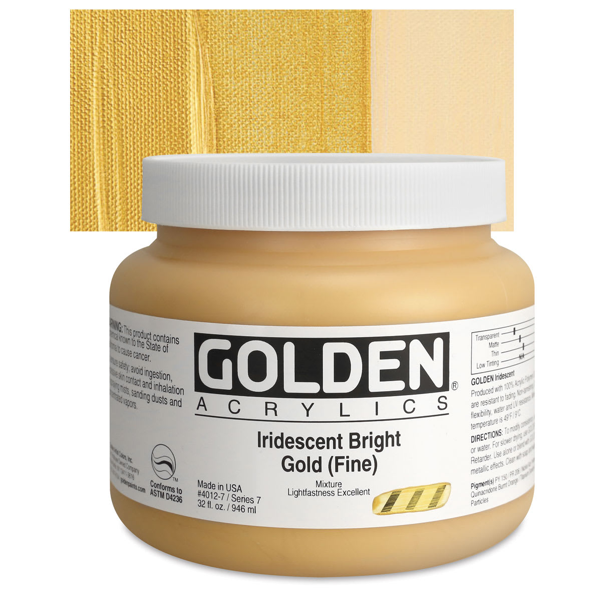 Golden Heavy Body Artist Acrylic - Iridescent Bright Gold (Fine)(65), 32 oz Jar and swatch