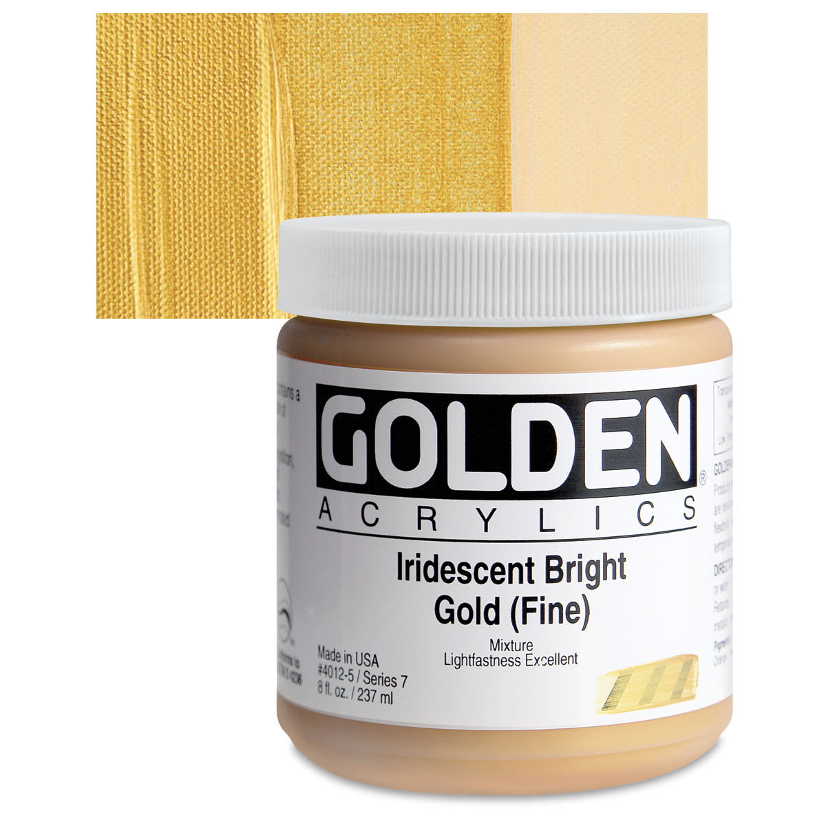 Golden Heavy Body Artist Acrylic - Iridescent Bright Gold (Fine)(65), 8 oz Jar and swatch