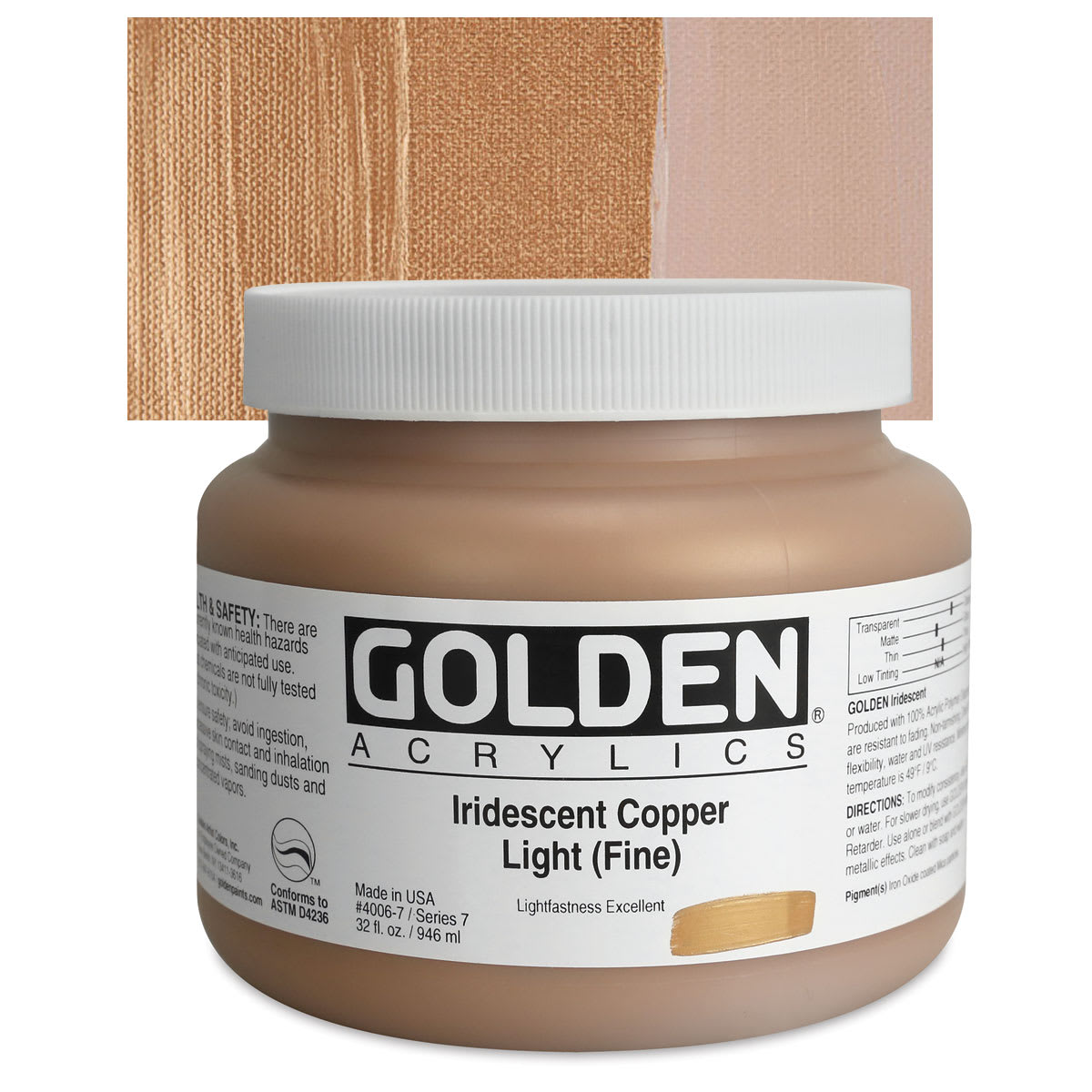 Golden Heavy Body Artist Acrylic - Iridescent Copper Light (Fine), 32 oz Jar and swatch